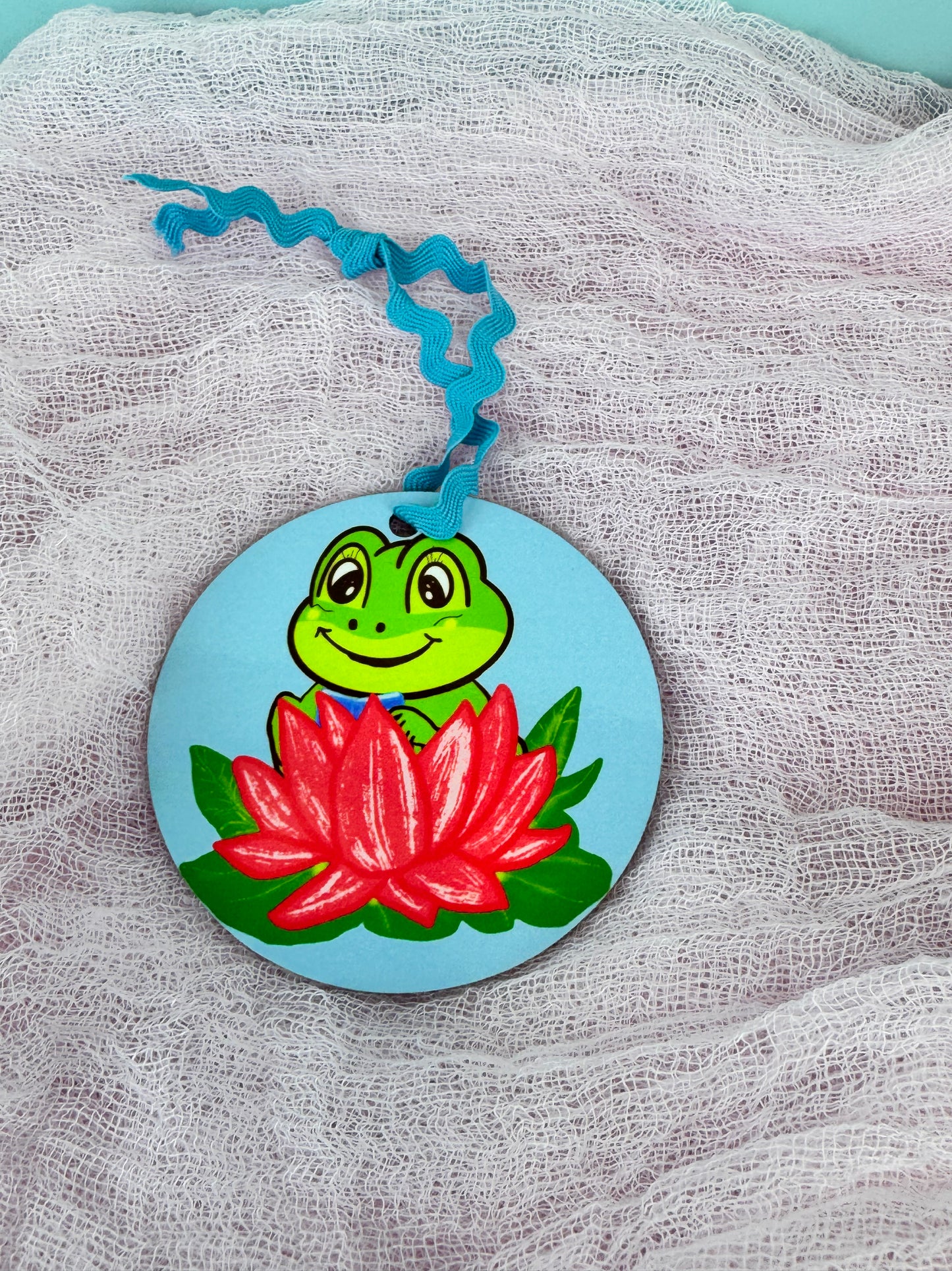 Frog Ornaments, Frog Reading in a pretty pink lily pad, MDF Wooden Tree Ornament