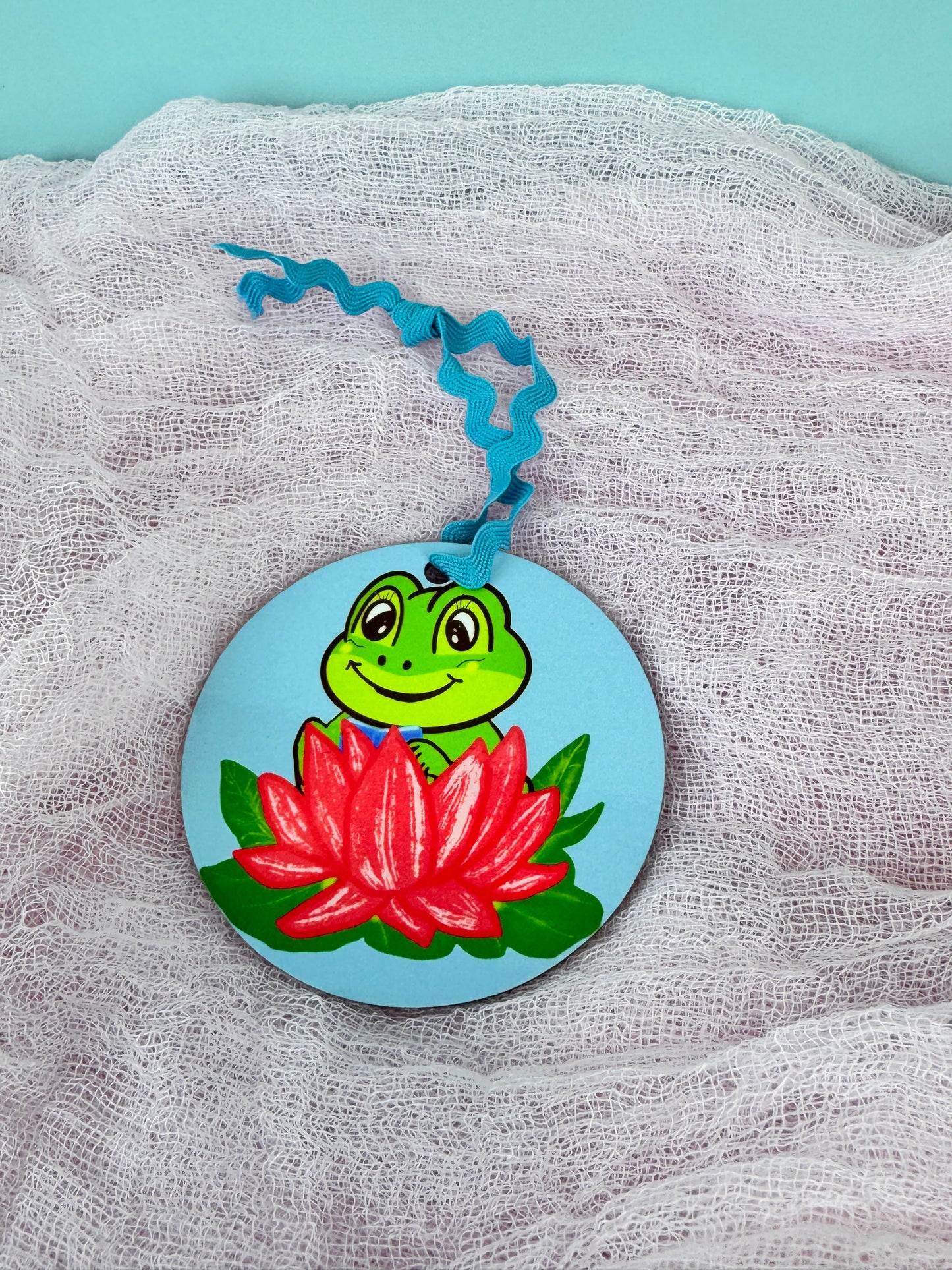 Frog Ornaments, Frog Reading in a pretty pink lily pad, MDF Wooden Tree Ornament