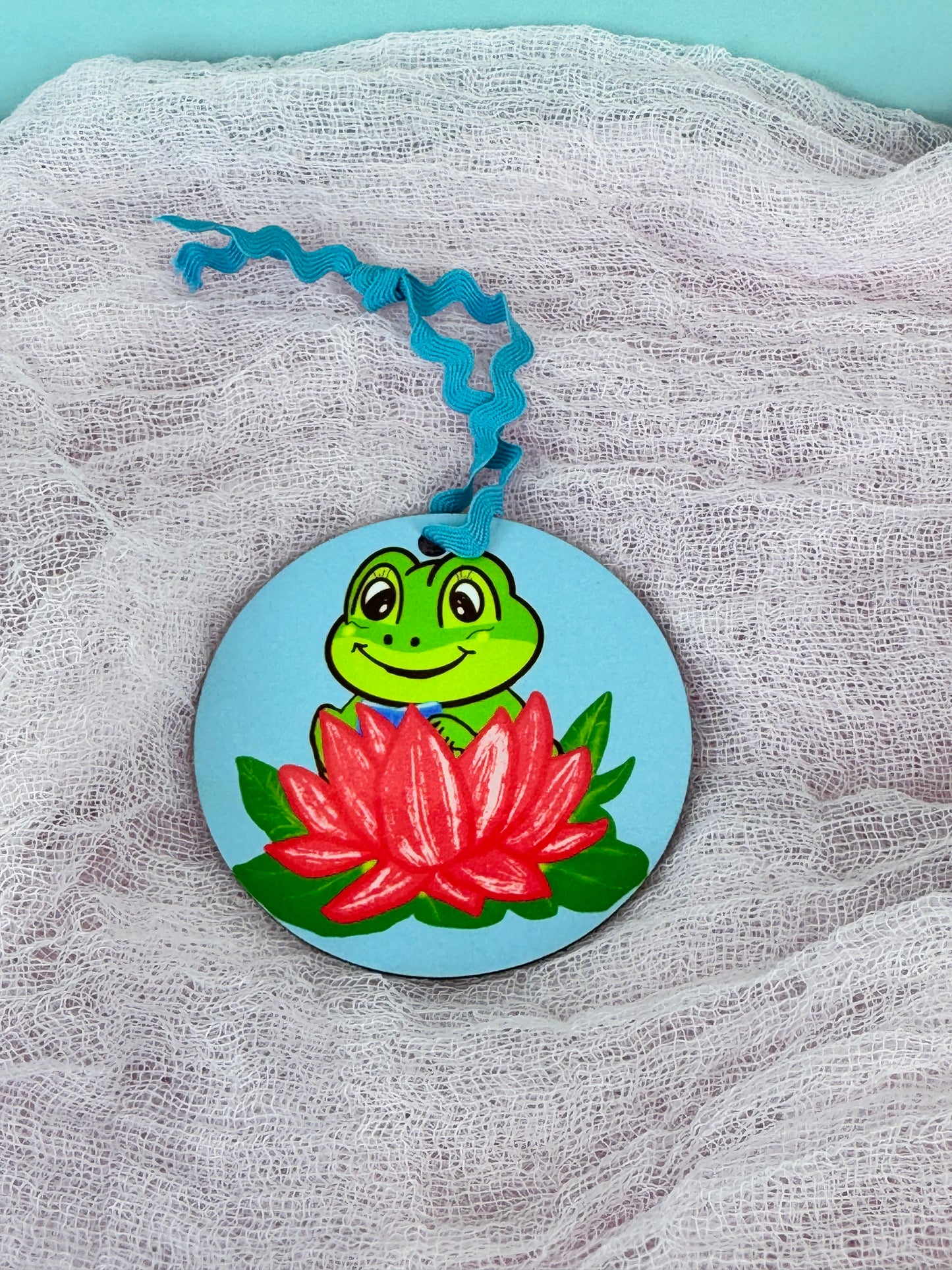 Frog Ornaments, Frog Reading in a pretty pink lily pad, MDF Wooden Tree Ornament