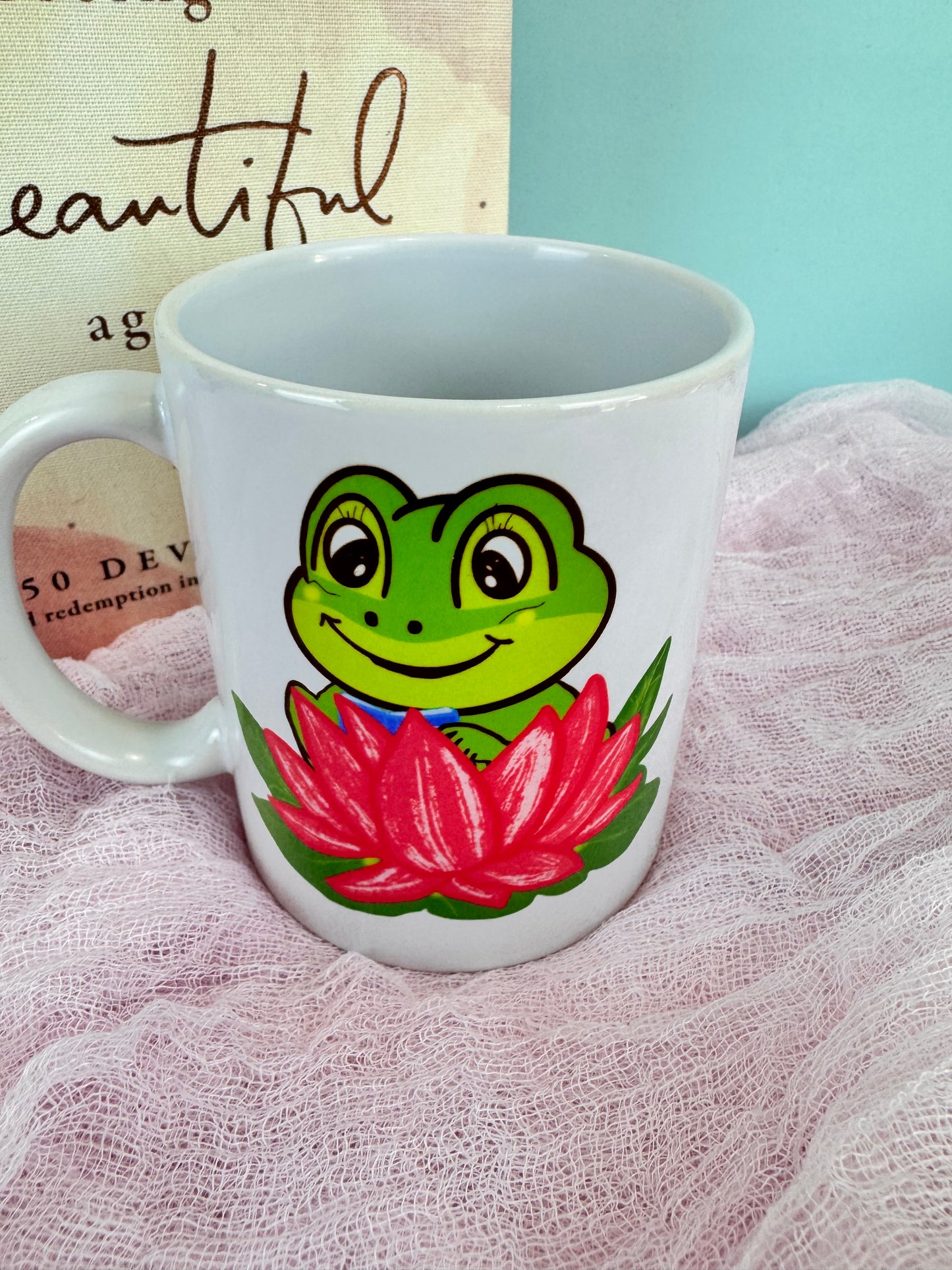 Coffee Mug For Readers Who Love Frogs, Adorable Frog Reading In Her Pretty Lily Pad, Shh I'm Reading, Ceramic Coffee Cup