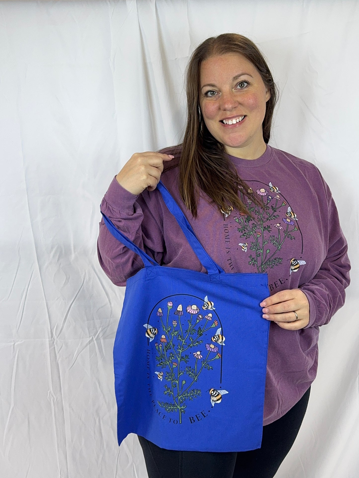 Home Is The Place To Bee Blue Tote Bag, Reusable Grocery Bag With Pretty Floral and Bee Design For Homebodies