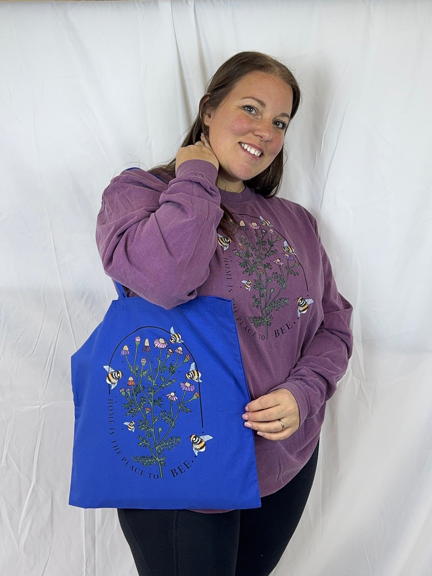 Home Is The Place To Bee Blue Tote Bag, Reusable Grocery Bag With Pretty Floral and Bee Design For Homebodies