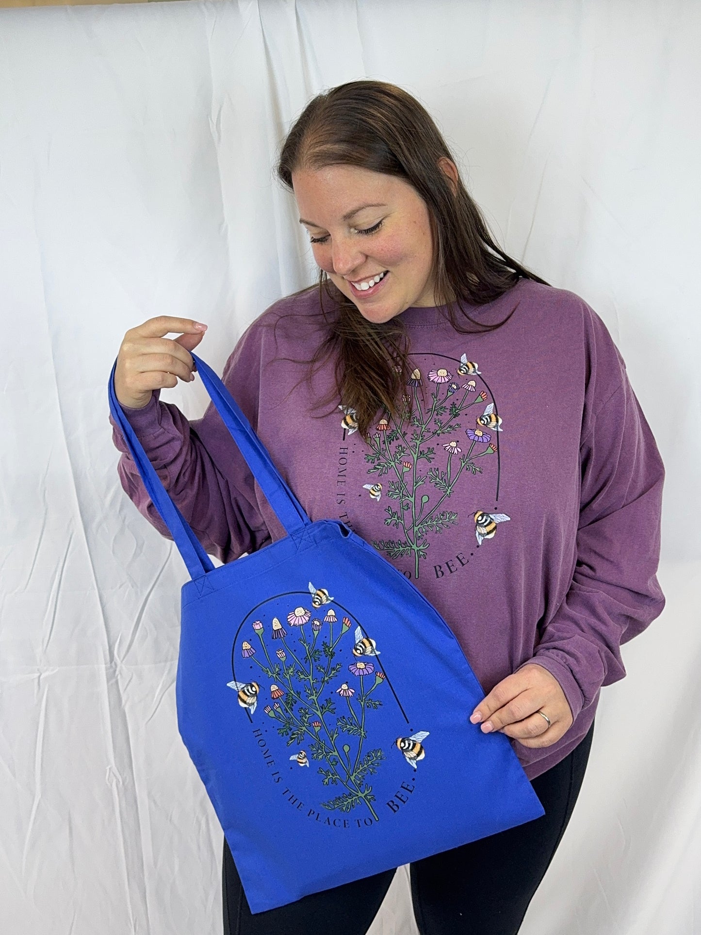 Home Is The Place To Bee Blue Tote Bag, Reusable Grocery Bag With Pretty Floral and Bee Design For Homebodies