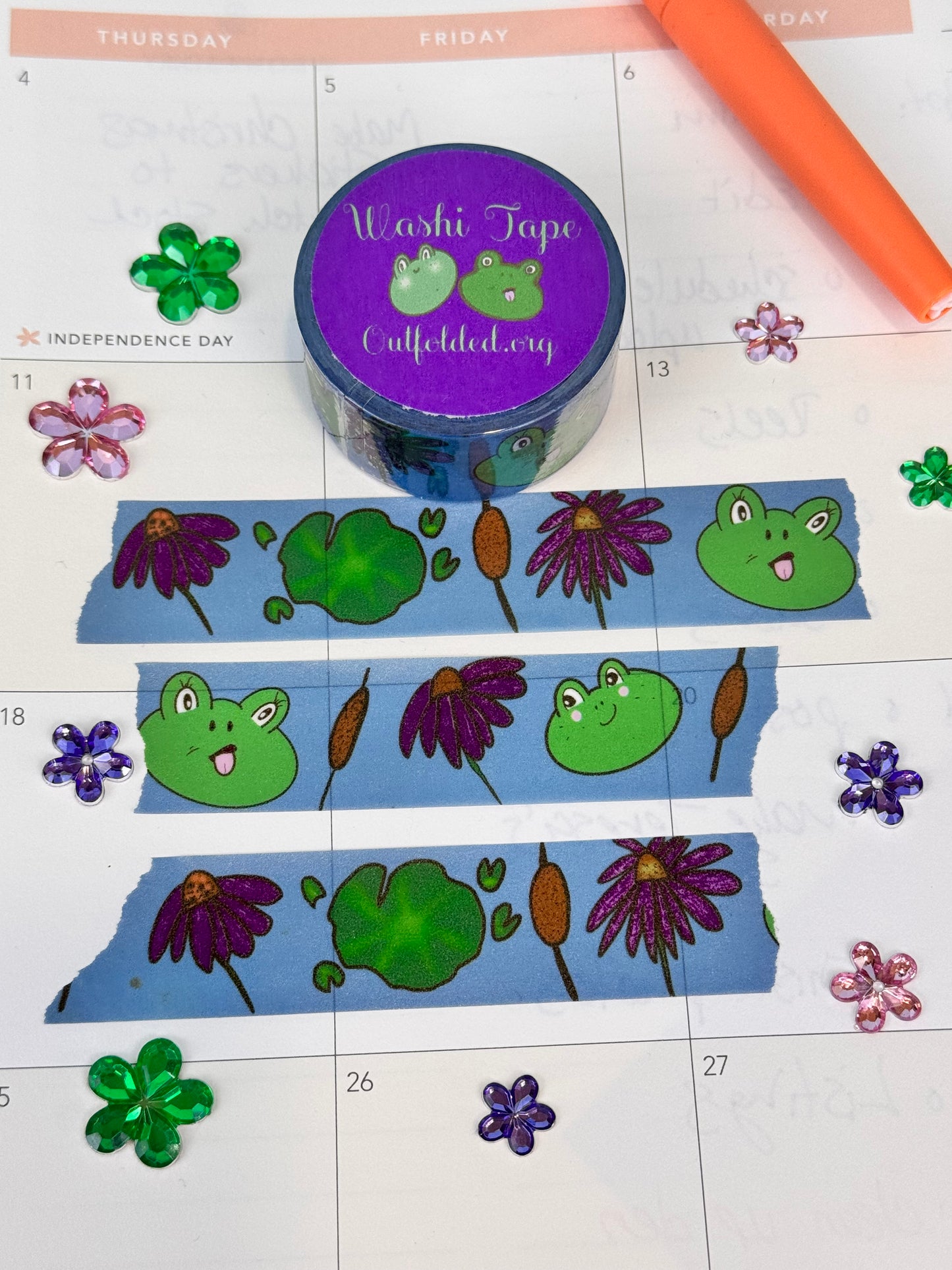 Frog Washi Tape, Kawaii Cute Frogs on Blue Tape with Flowers, and Lily Pads, 2 cm wide, 5 m long