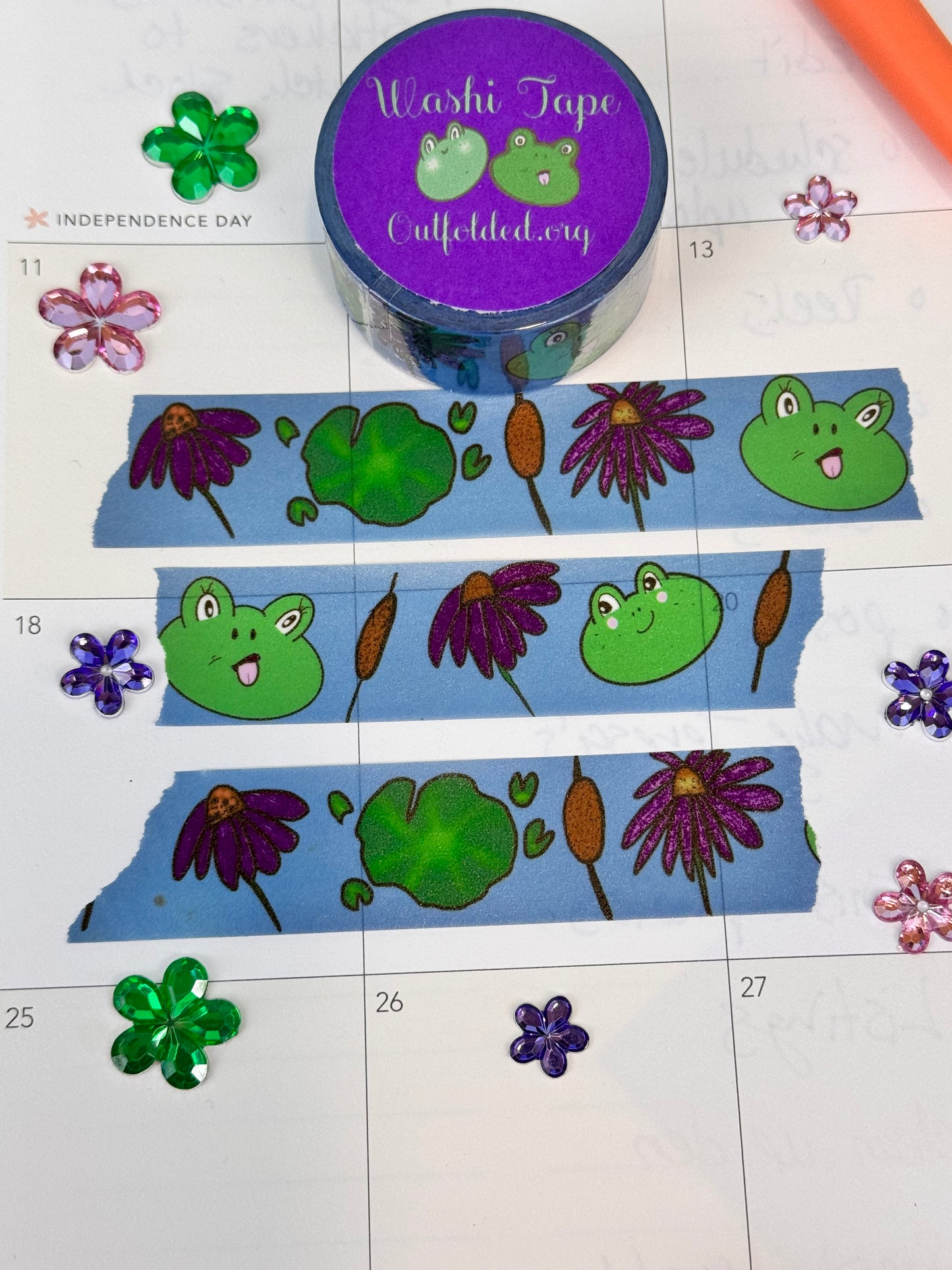 Frog Washi Tape, Kawaii Cute Frogs on Blue Tape with Flowers, and Lily Pads, 2 cm wide, 5 m long