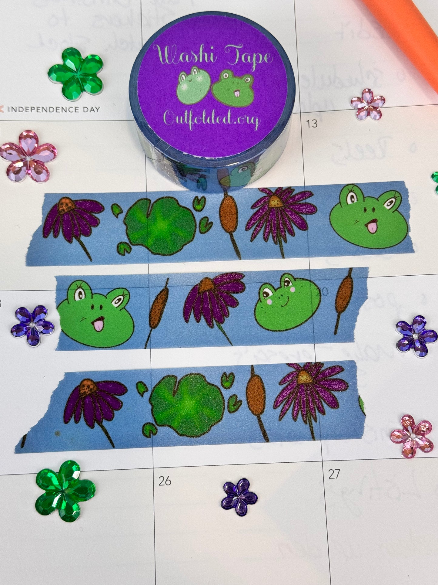 Frog Washi Tape, Kawaii Cute Frogs on Blue Tape with Flowers, and Lily Pads, 2 cm wide, 5 m long