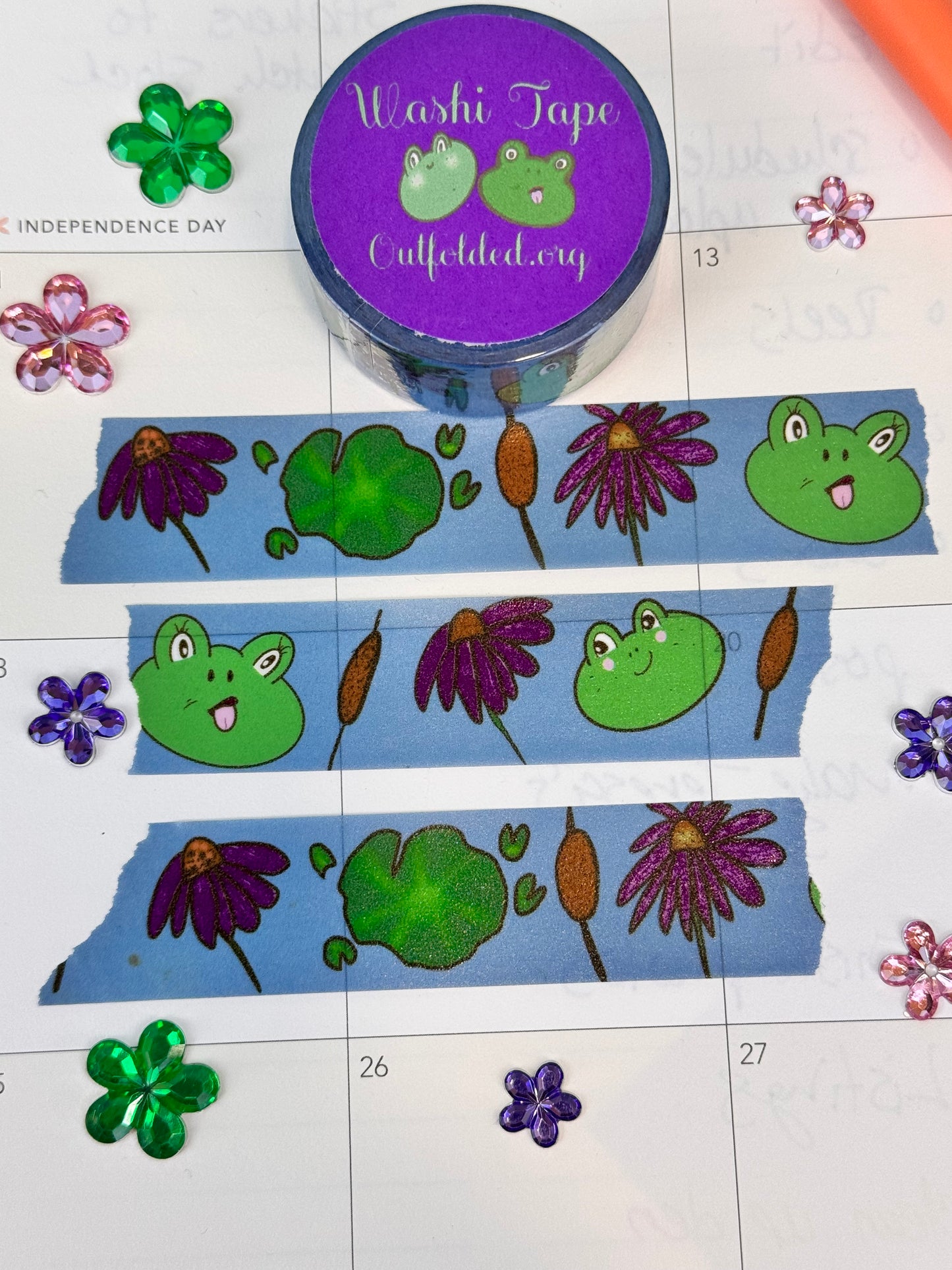 Frog Washi Tape, Kawaii Cute Frogs on Blue Tape with Flowers, and Lily Pads, 2 cm wide, 5 m long