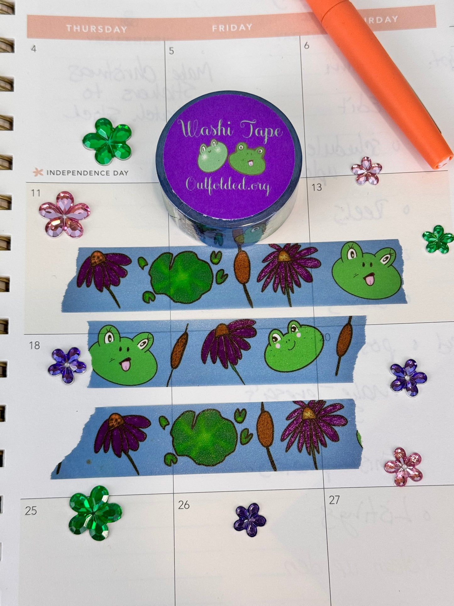 Frog Washi Tape, Kawaii Cute Frogs on Blue Tape with Flowers, and Lily Pads, 2 cm wide, 5 m long