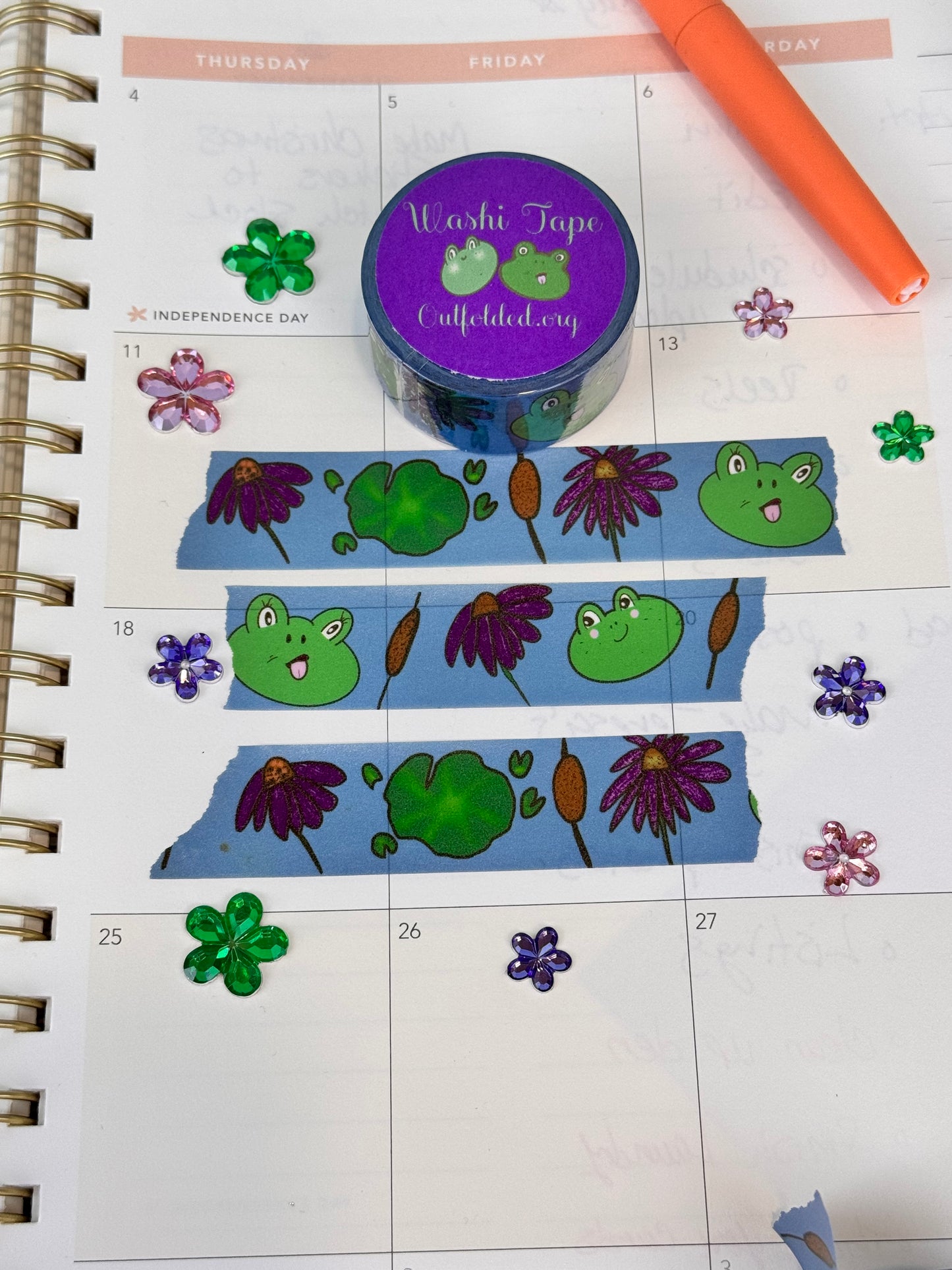Frog Washi Tape, Kawaii Cute Frogs on Blue Tape with Flowers, and Lily Pads, 2 cm wide, 5 m long