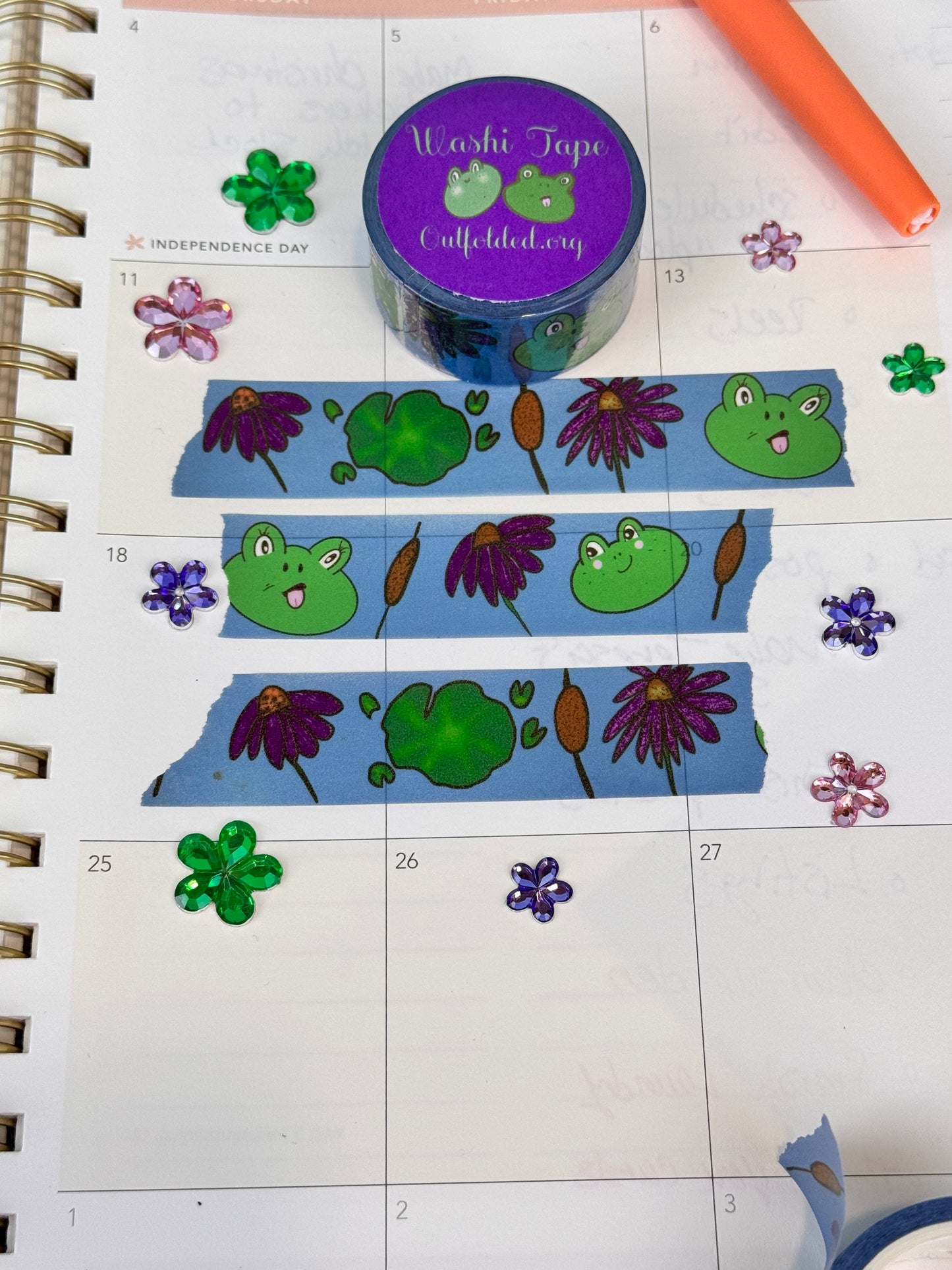 Frog Washi Tape, Kawaii Cute Frogs on Blue Tape with Flowers, and Lily Pads, 2 cm wide, 5 m long