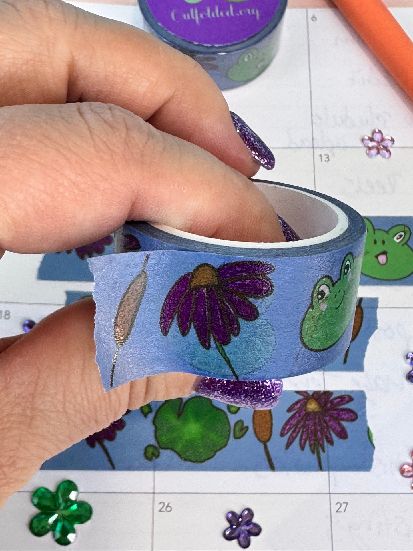 Frog Washi Tape, Kawaii Cute Frogs on Blue Tape with Flowers, and Lily Pads, 2 cm wide, 5 m long