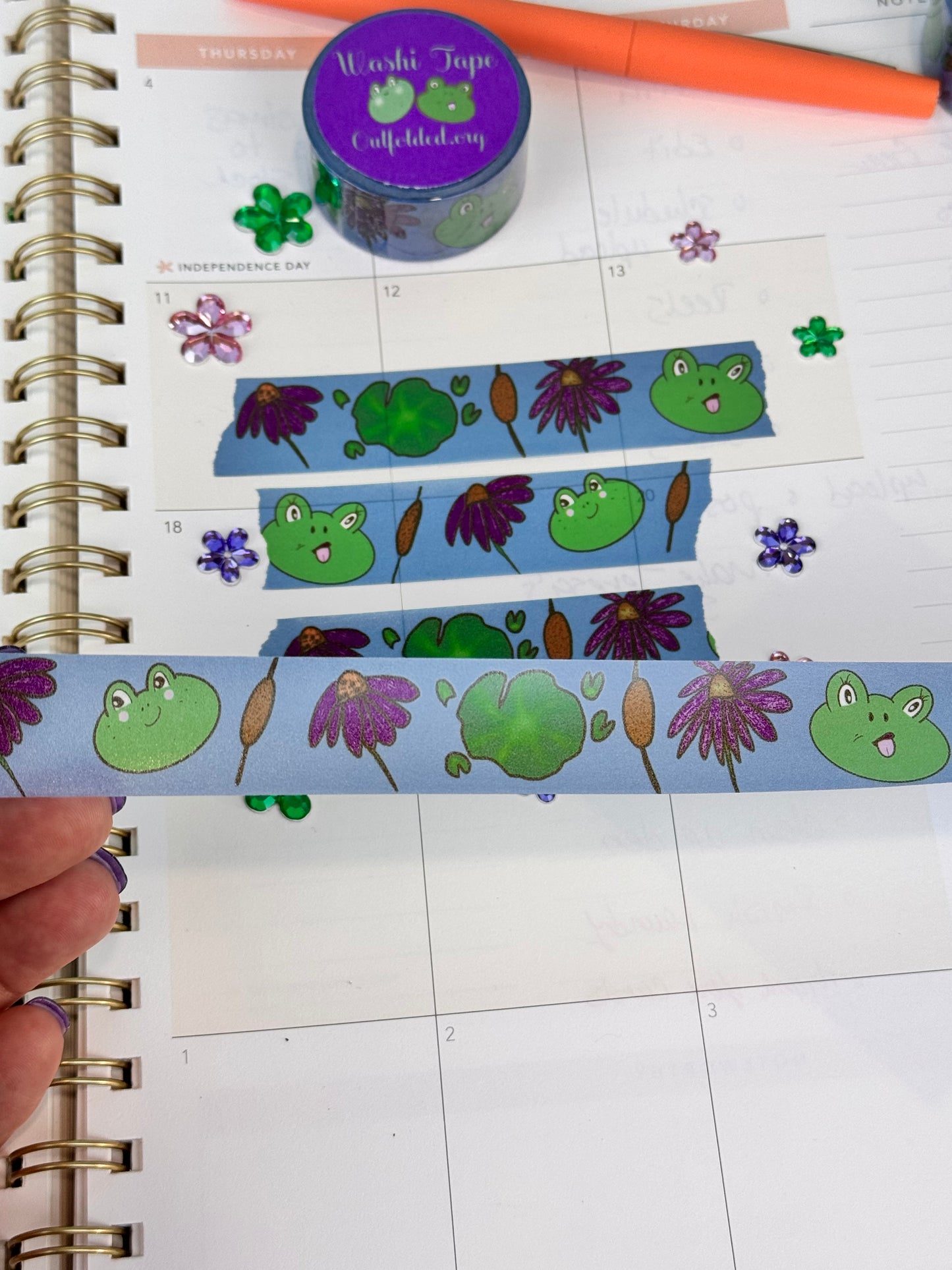 Frog Washi Tape, Kawaii Cute Frogs on Blue Tape with Flowers, and Lily Pads, 2 cm wide, 5 m long