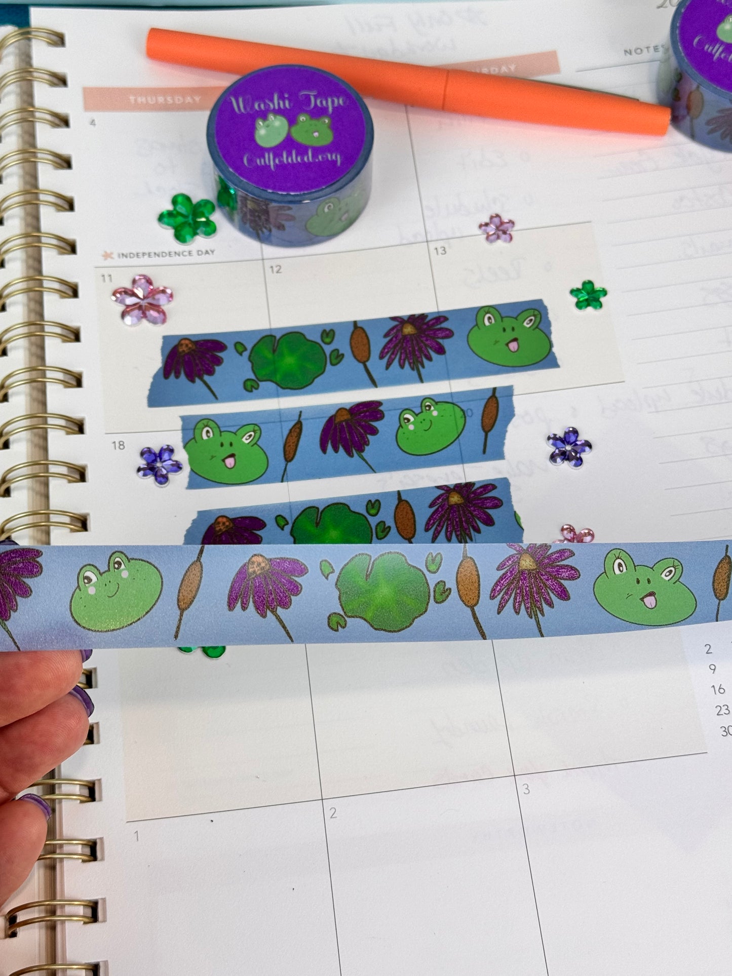 Frog Washi Tape, Kawaii Cute Frogs on Blue Tape with Flowers, and Lily Pads, 2 cm wide, 5 m long