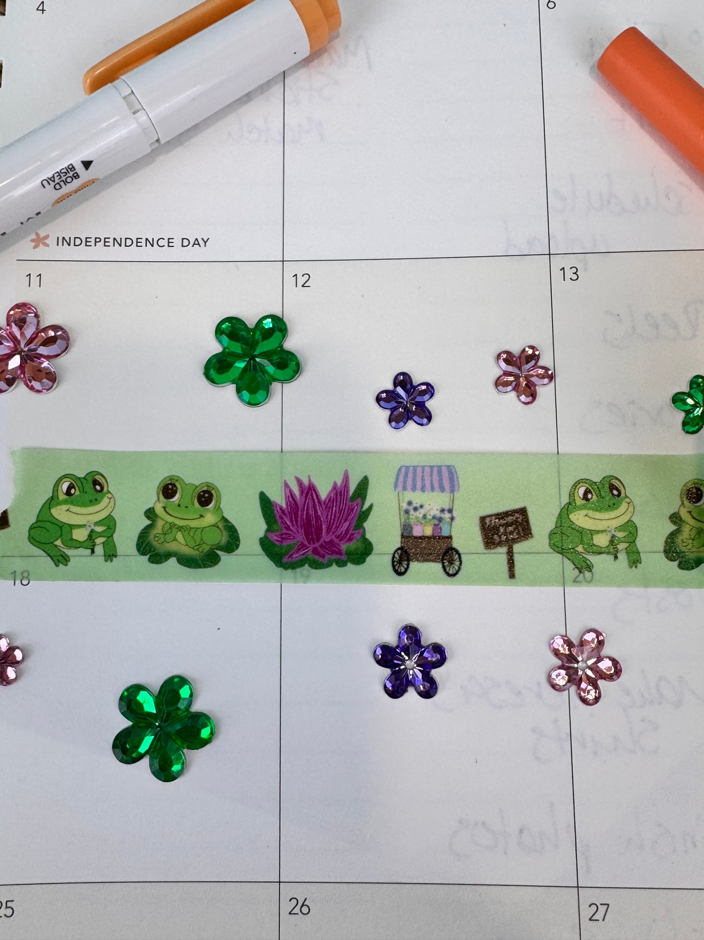 Frog Washi Tape, Kawaii Cute Frogs on Green Tape with Lotus Flower and Flower Cart, 2 cm wide, 5 m long