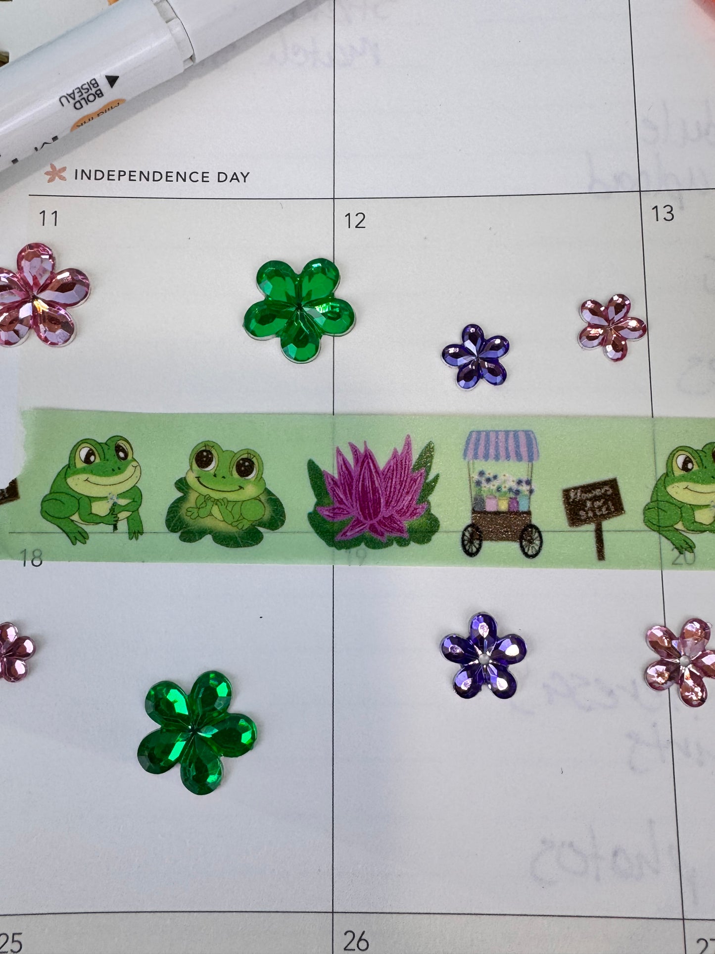 Frog Washi Tape, Kawaii Cute Frogs on Green Tape with Lotus Flower and Flower Cart, 2 cm wide, 5 m long
