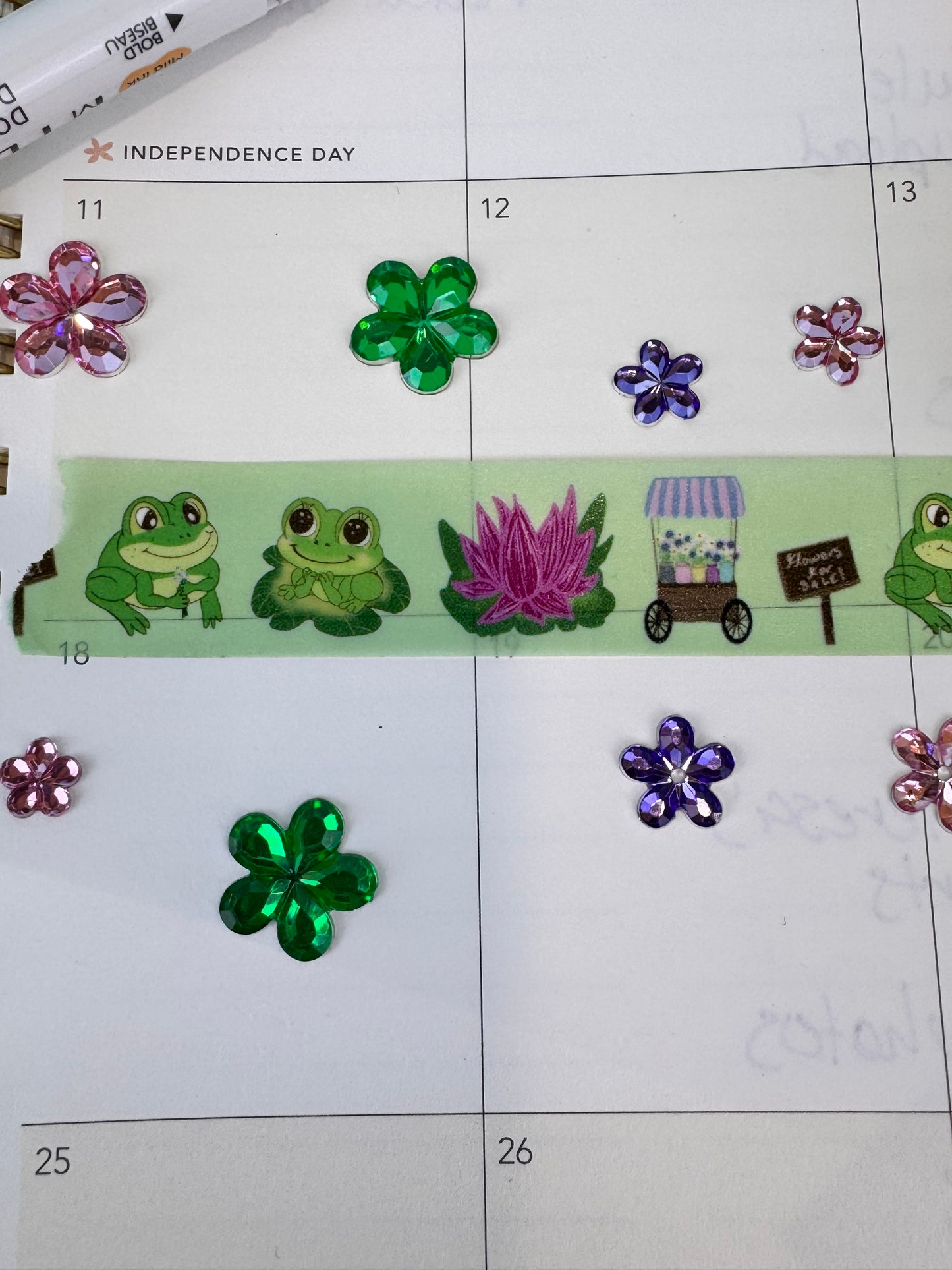 Frog Washi Tape, Kawaii Cute Frogs on Green Tape with Lotus Flower and Flower Cart, 2 cm wide, 5 m long