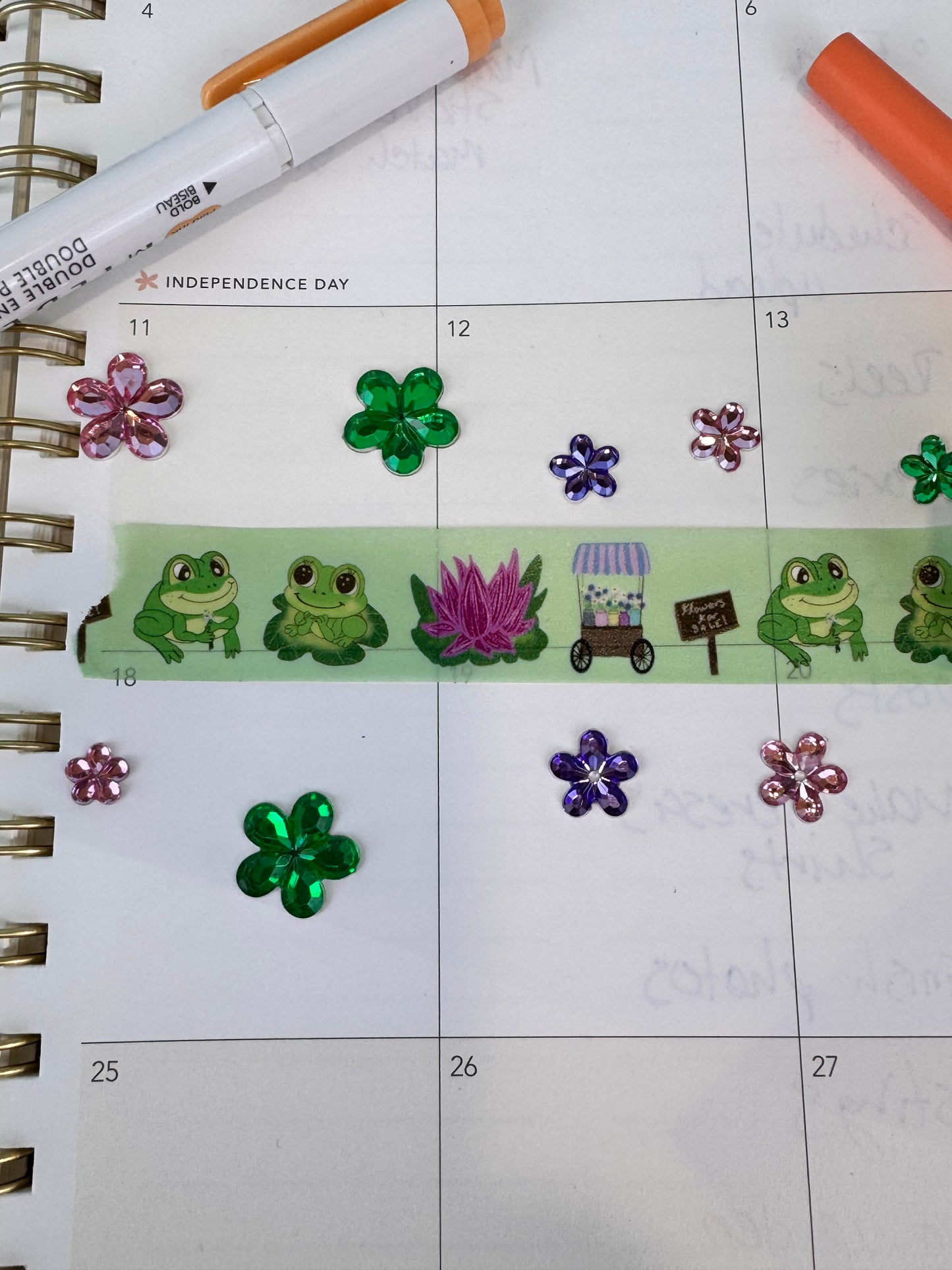 Frog Washi Tape, Kawaii Cute Frogs on Green Tape with Lotus Flower and Flower Cart, 2 cm wide, 5 m long