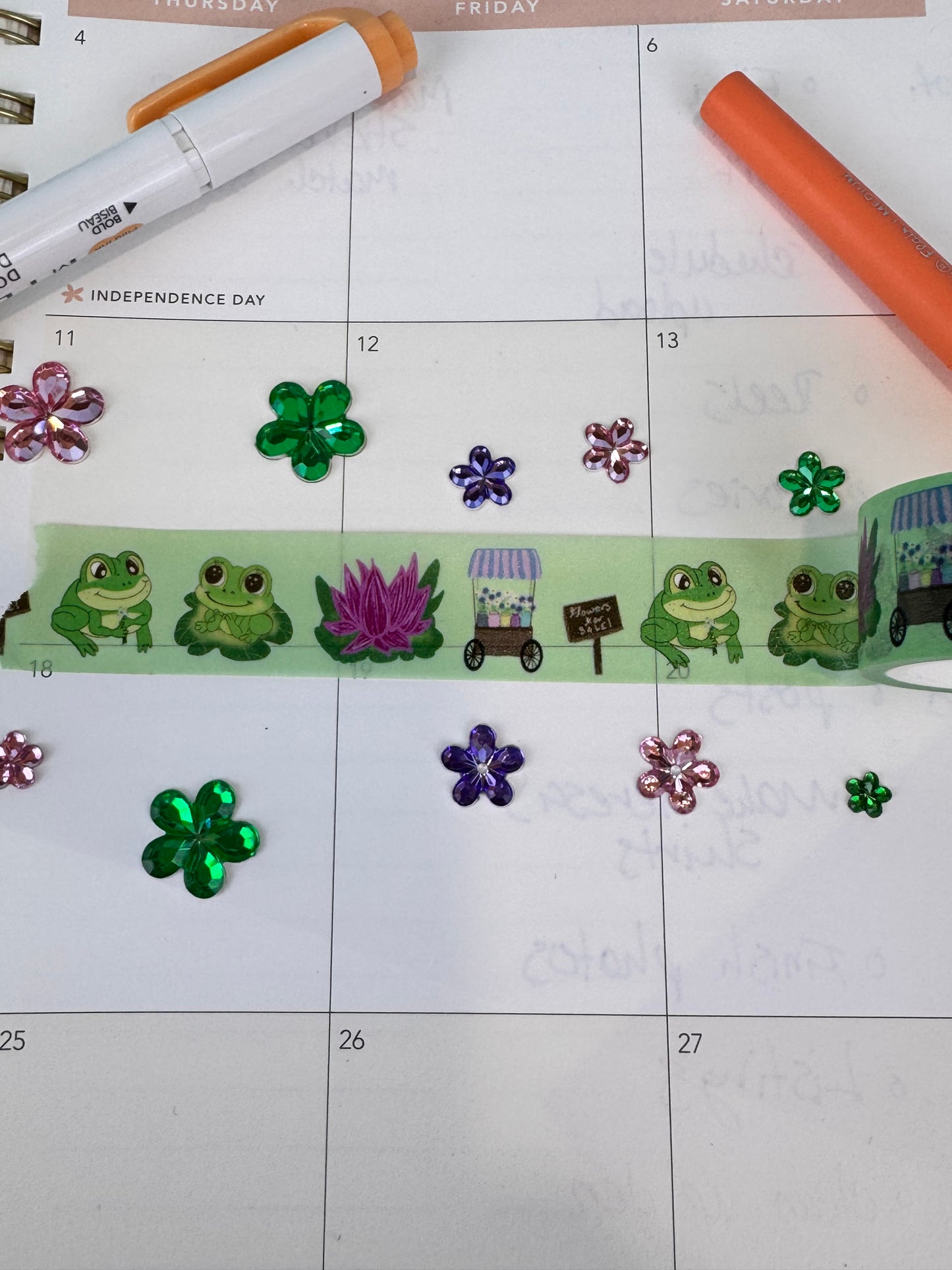Frog Washi Tape, Kawaii Cute Frogs on Green Tape with Lotus Flower and Flower Cart, 2 cm wide, 5 m long