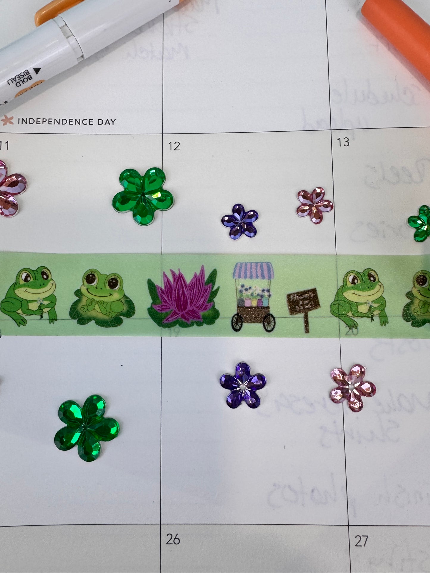Frog Washi Tape, Kawaii Cute Frogs on Green Tape with Lotus Flower and Flower Cart, 2 cm wide, 5 m long