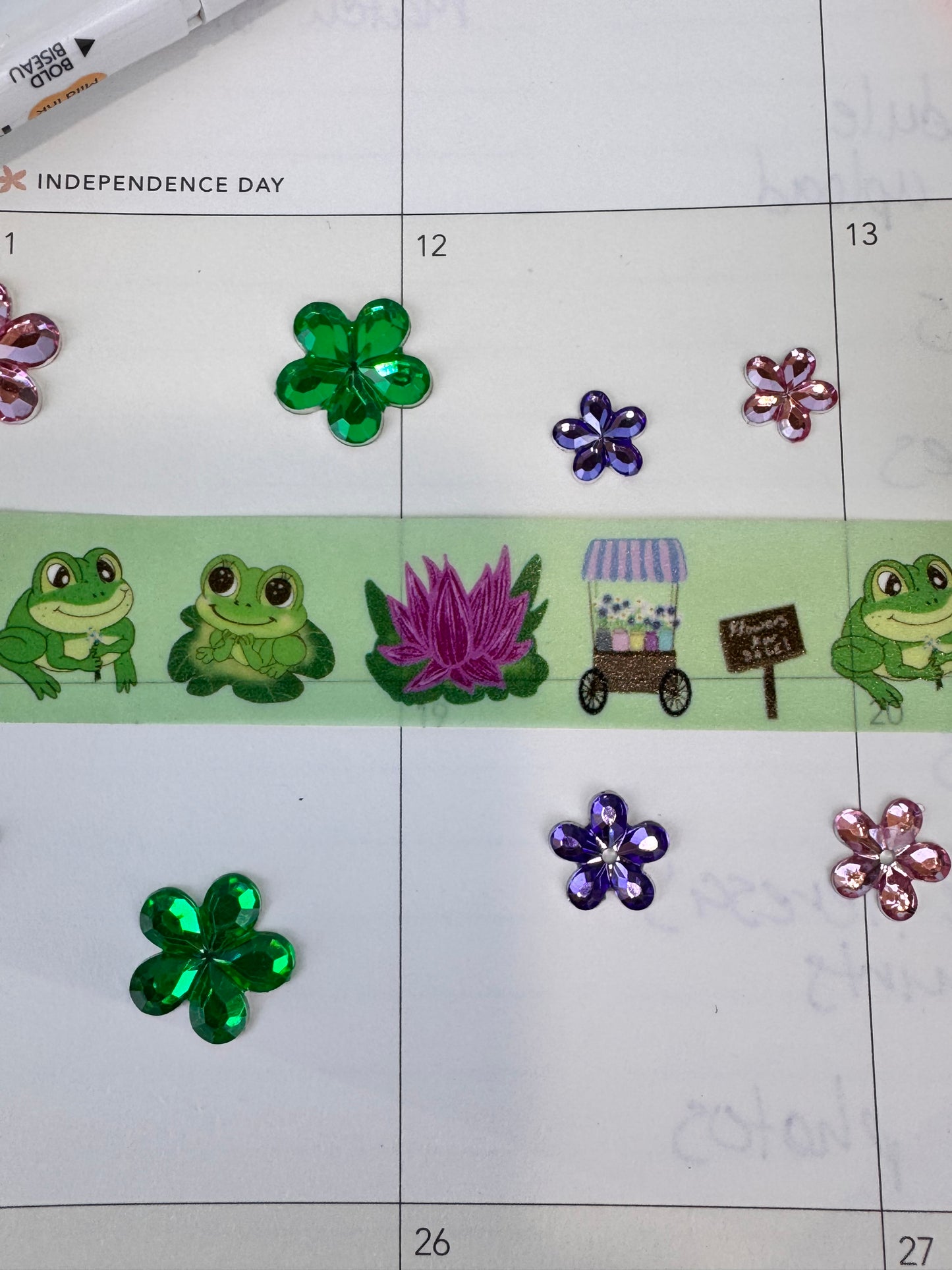 Frog Washi Tape, Kawaii Cute Frogs on Green Tape with Lotus Flower and Flower Cart, 2 cm wide, 5 m long