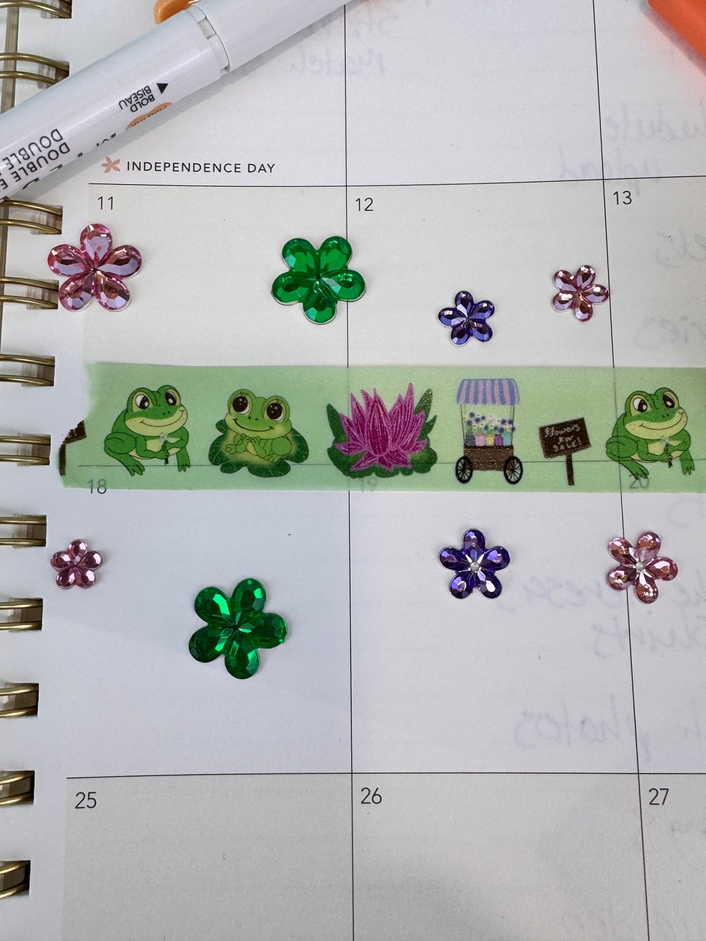 Frog Washi Tape, Kawaii Cute Frogs on Green Tape with Lotus Flower and Flower Cart, 2 cm wide, 5 m long