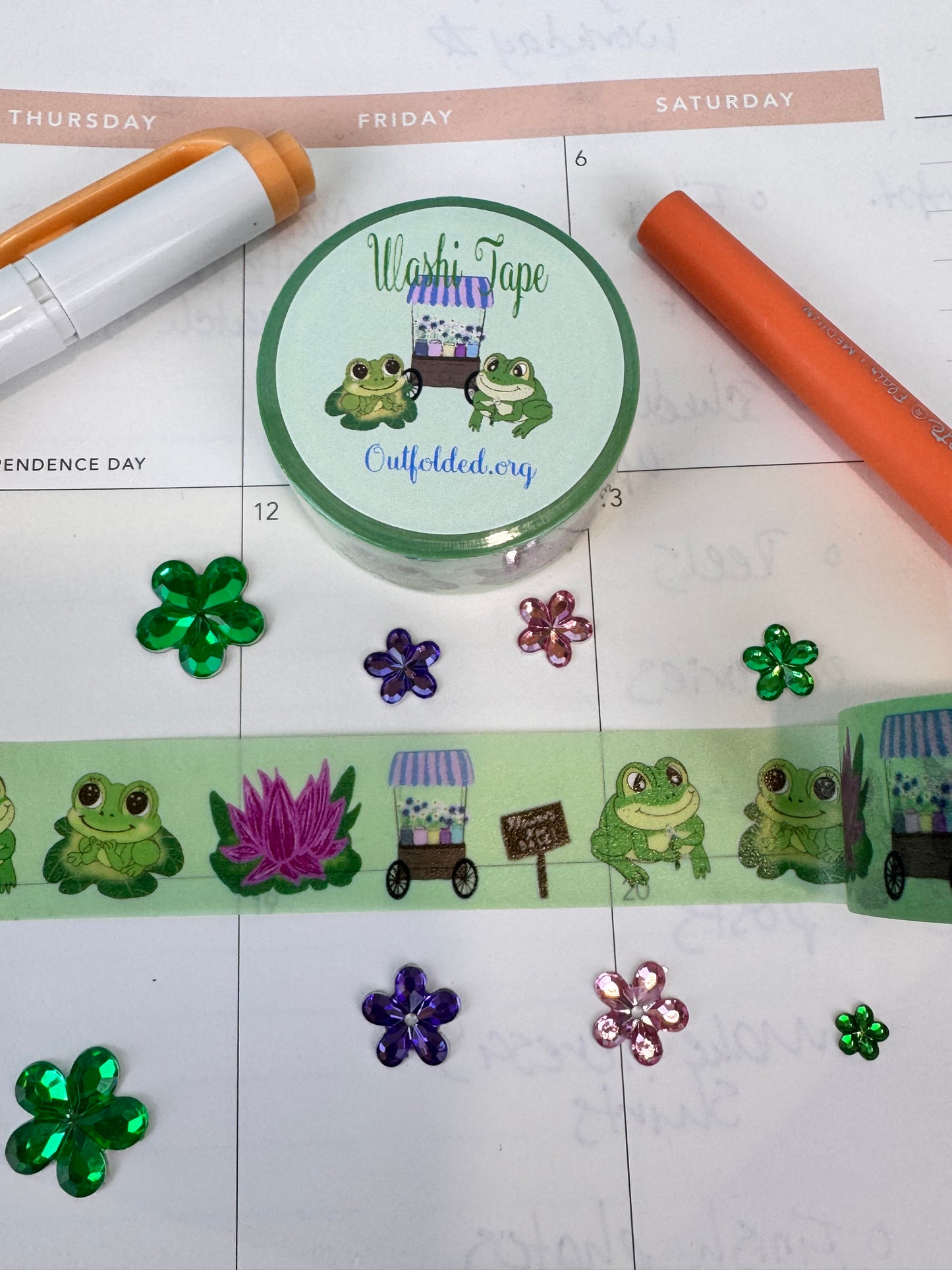 Frog Washi Tape, Kawaii Cute Frogs on Green Tape with Lotus Flower and Flower Cart, 2 cm wide, 5 m long