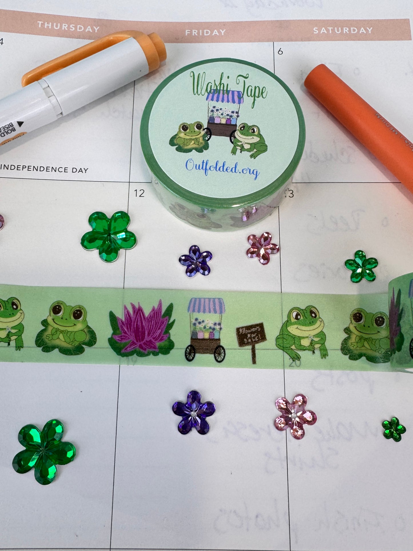 Frog Washi Tape, Kawaii Cute Frogs on Green Tape with Lotus Flower and Flower Cart, 2 cm wide, 5 m long