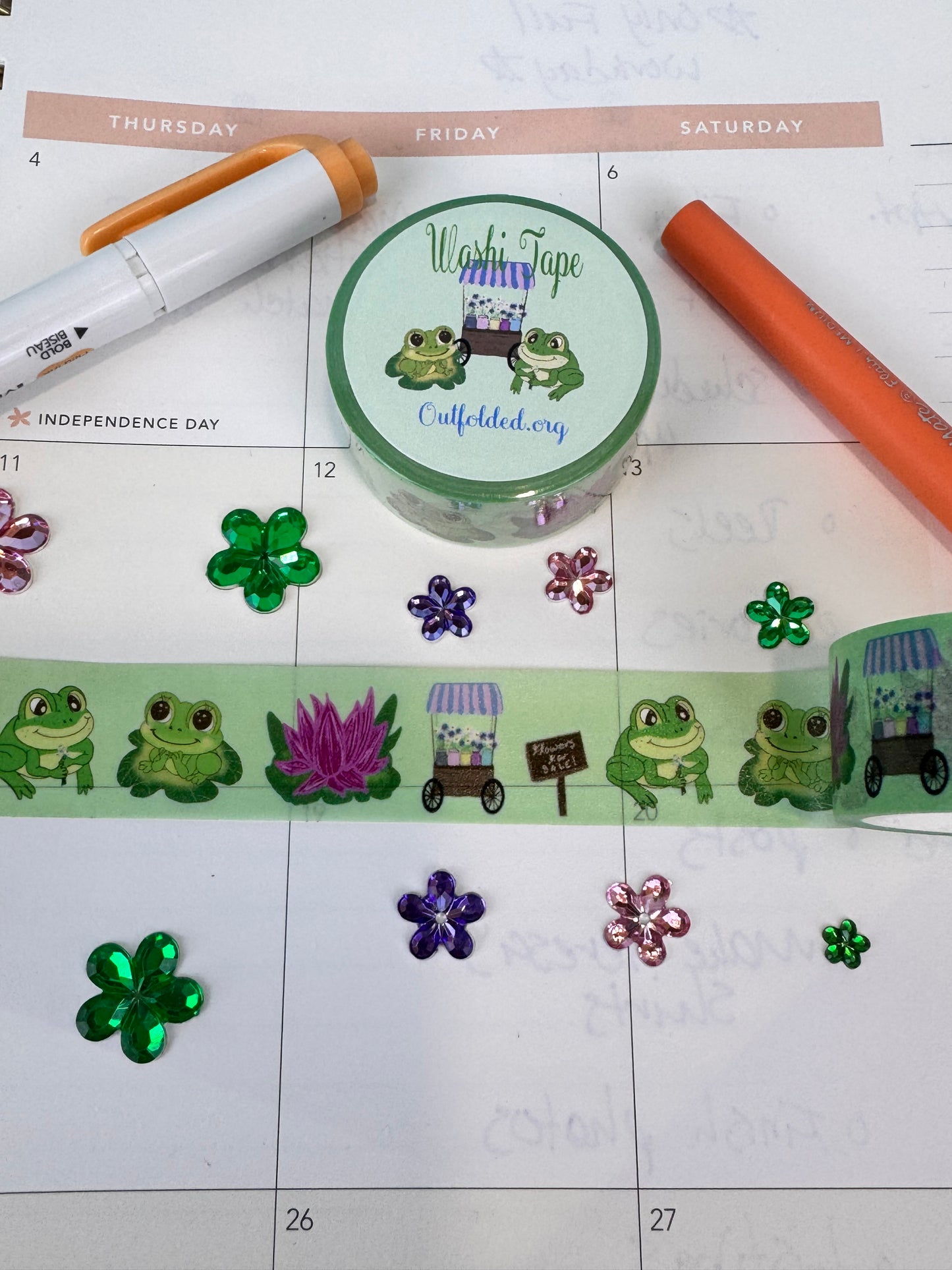 Frog Washi Tape, Kawaii Cute Frogs on Green Tape with Lotus Flower and Flower Cart, 2 cm wide, 5 m long