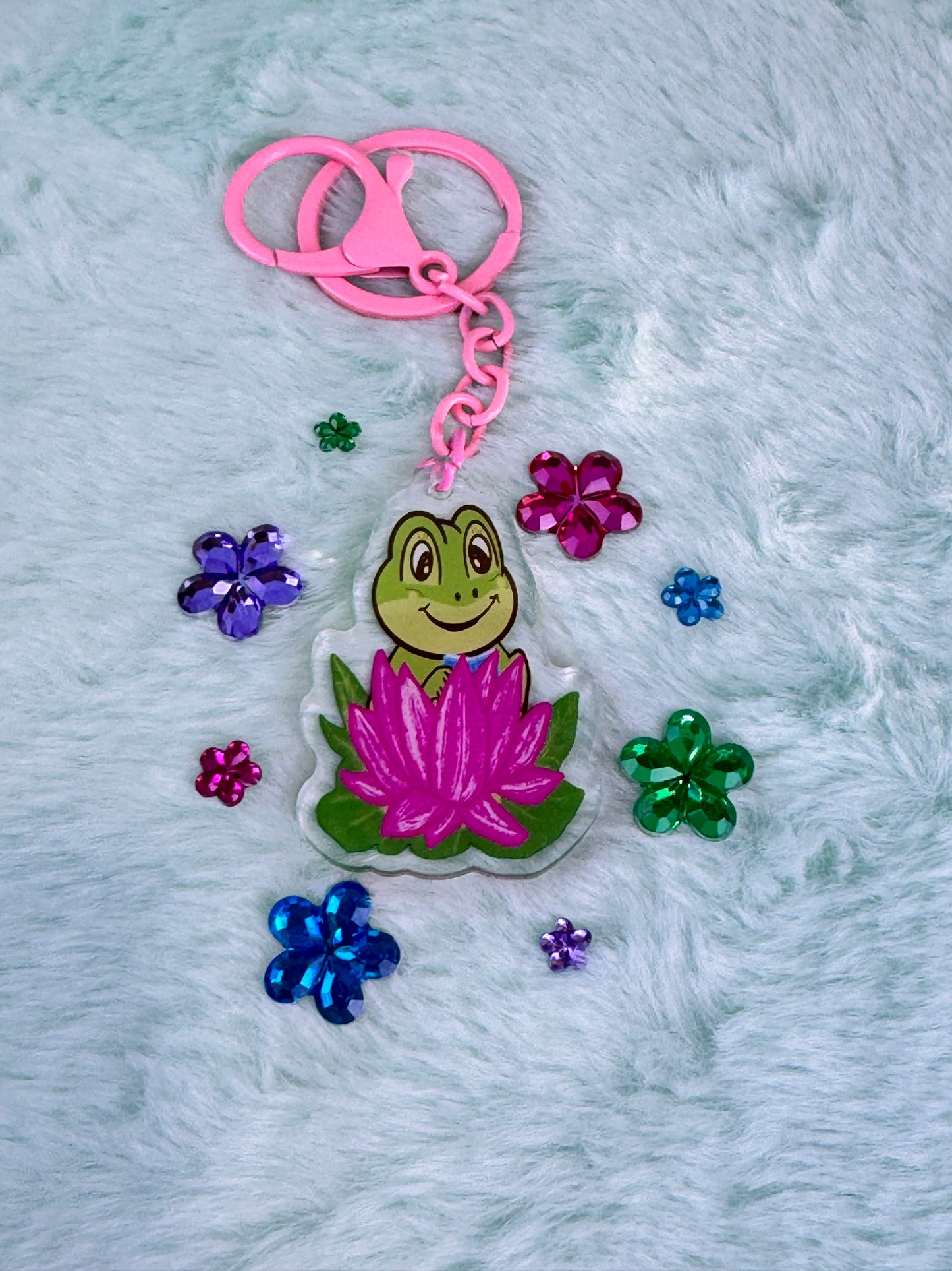 Adorable Acrylic Keychains, Bag Charms and Key Holders, Cute Frog Reading In Lotus Flower