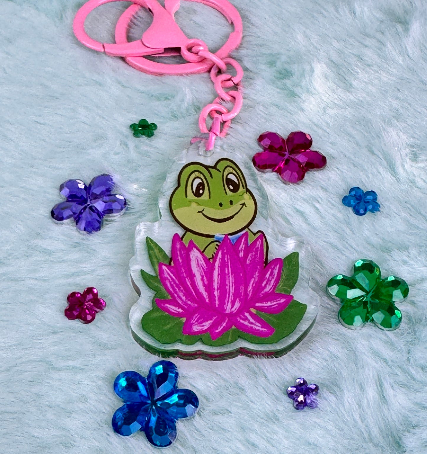 Adorable Acrylic Keychains, Bag Charms and Key Holders, Cute Frog Reading In Lotus Flower