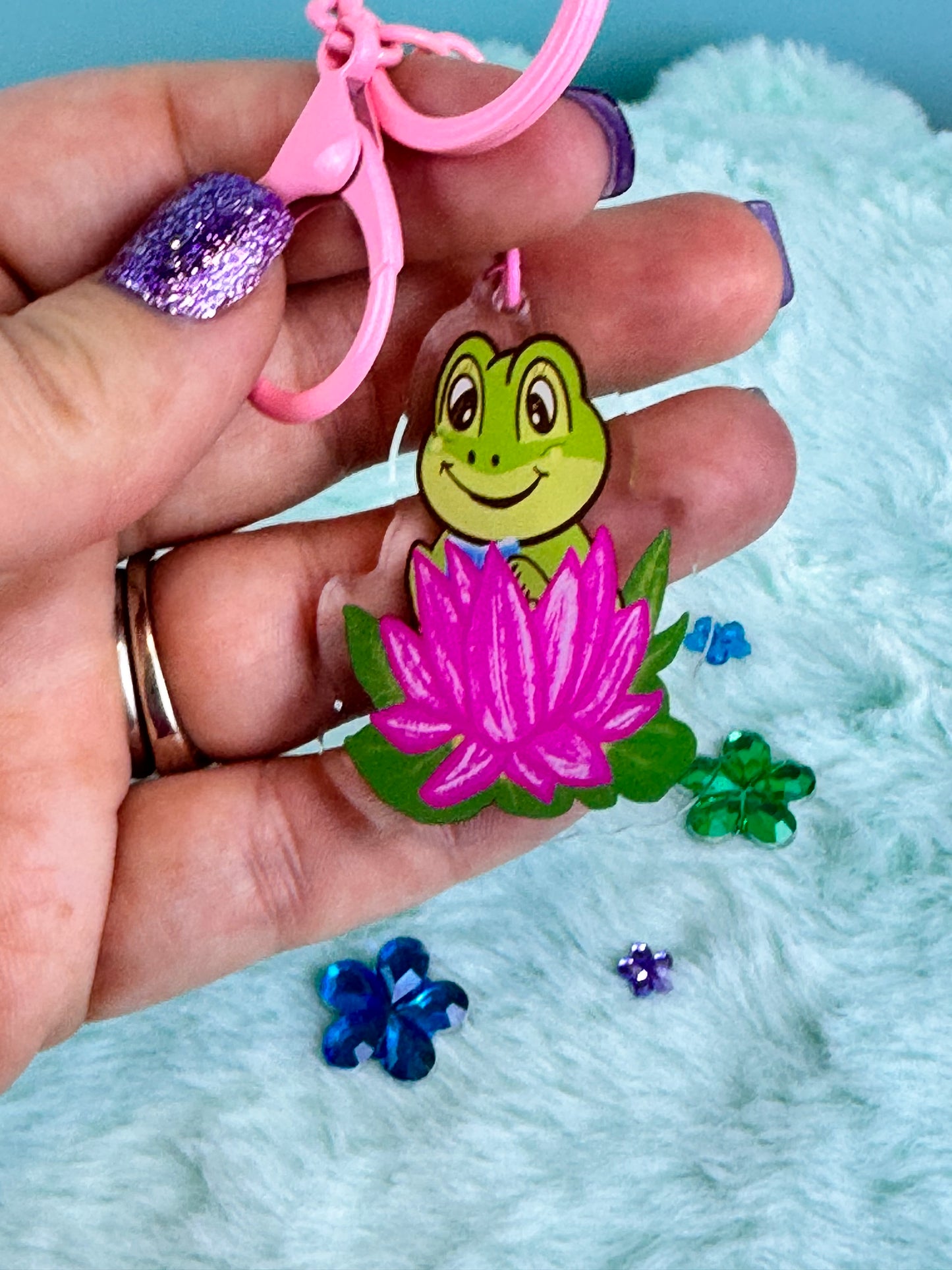 Adorable Acrylic Keychains, Bag Charms and Key Holders, Cute Frog Reading In Lotus Flower