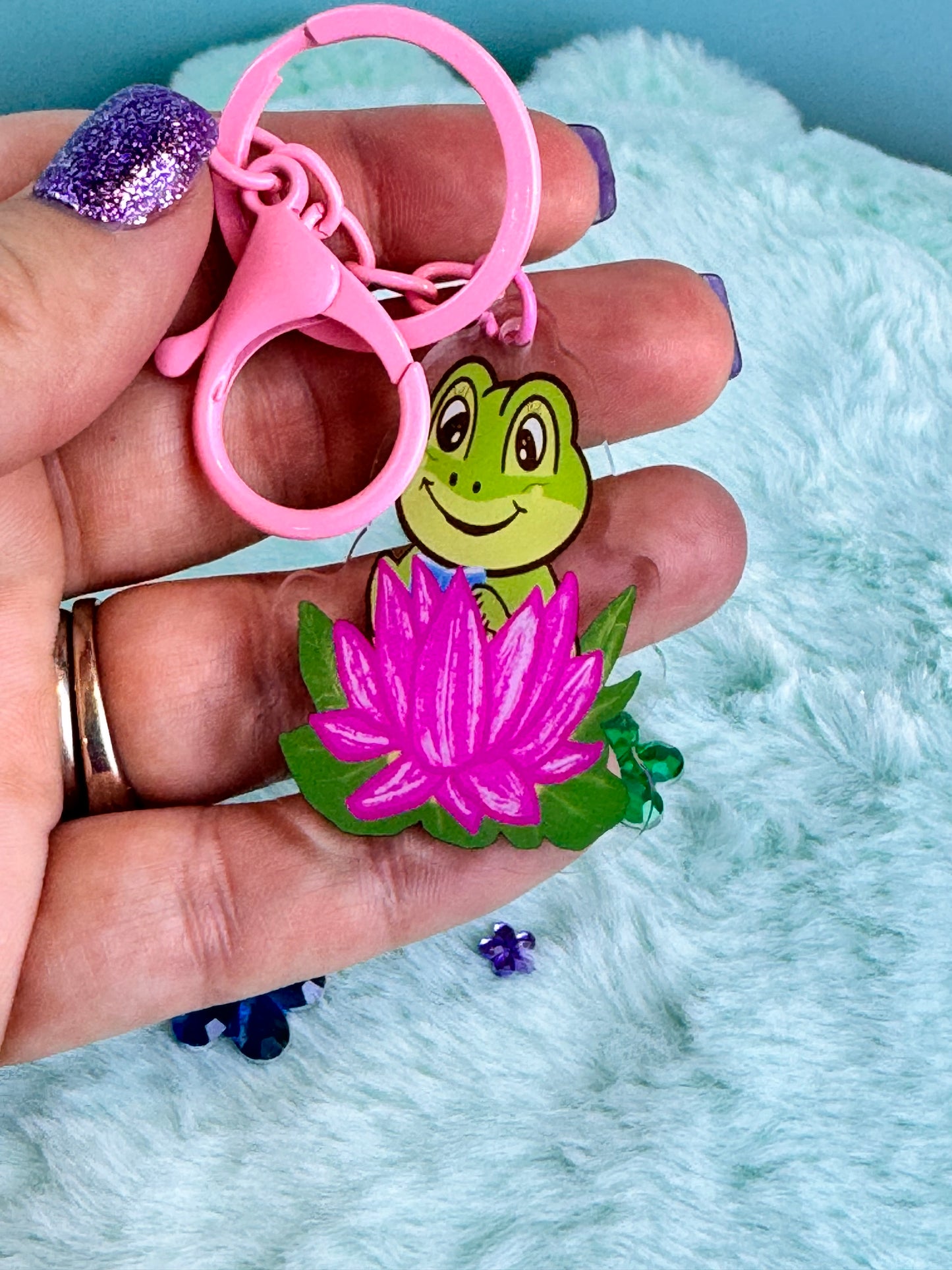 Adorable Acrylic Keychains, Bag Charms and Key Holders, Cute Frog Reading In Lotus Flower