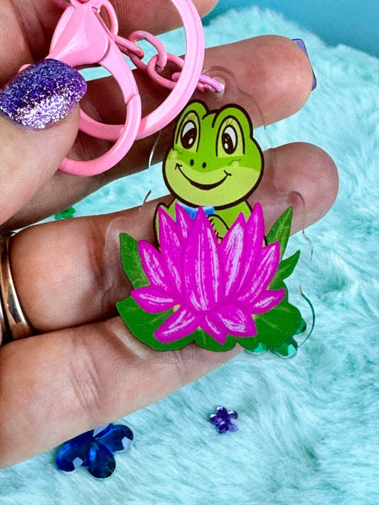 Adorable Acrylic Keychains, Bag Charms and Key Holders, Cute Frog Reading In Lotus Flower