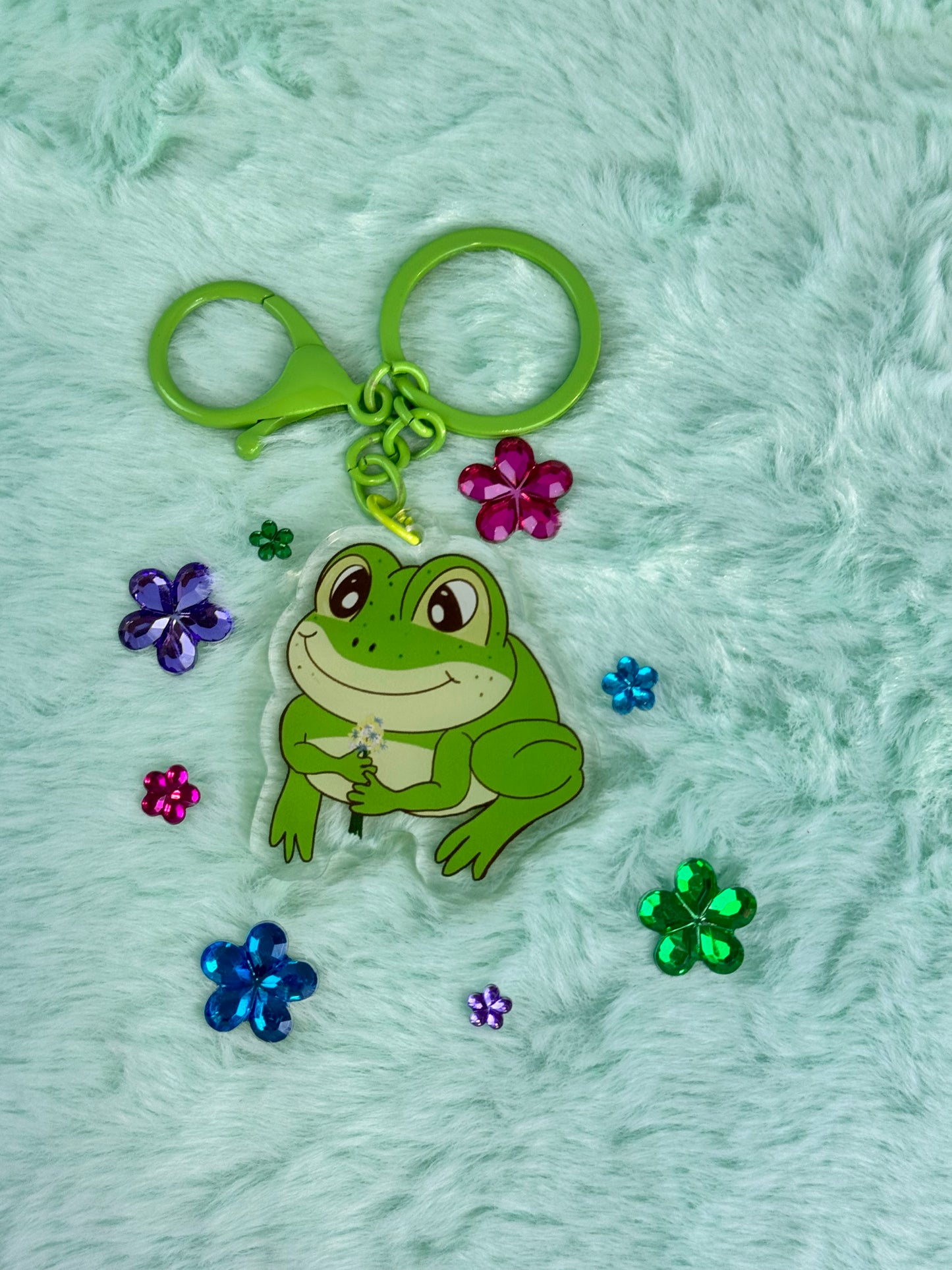 Adorable Acrylic Keychains, Bag Charms and Key Holders, Cute Frog With Flower Bouquet