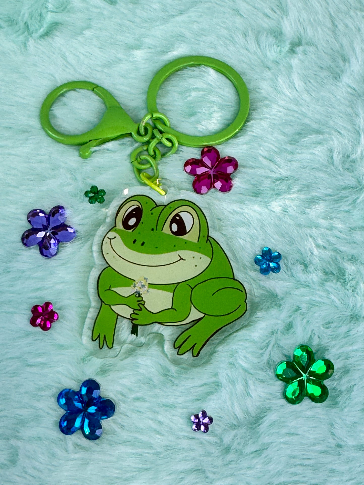 Adorable Acrylic Keychains, Bag Charms and Key Holders, Cute Frog With Flower Bouquet