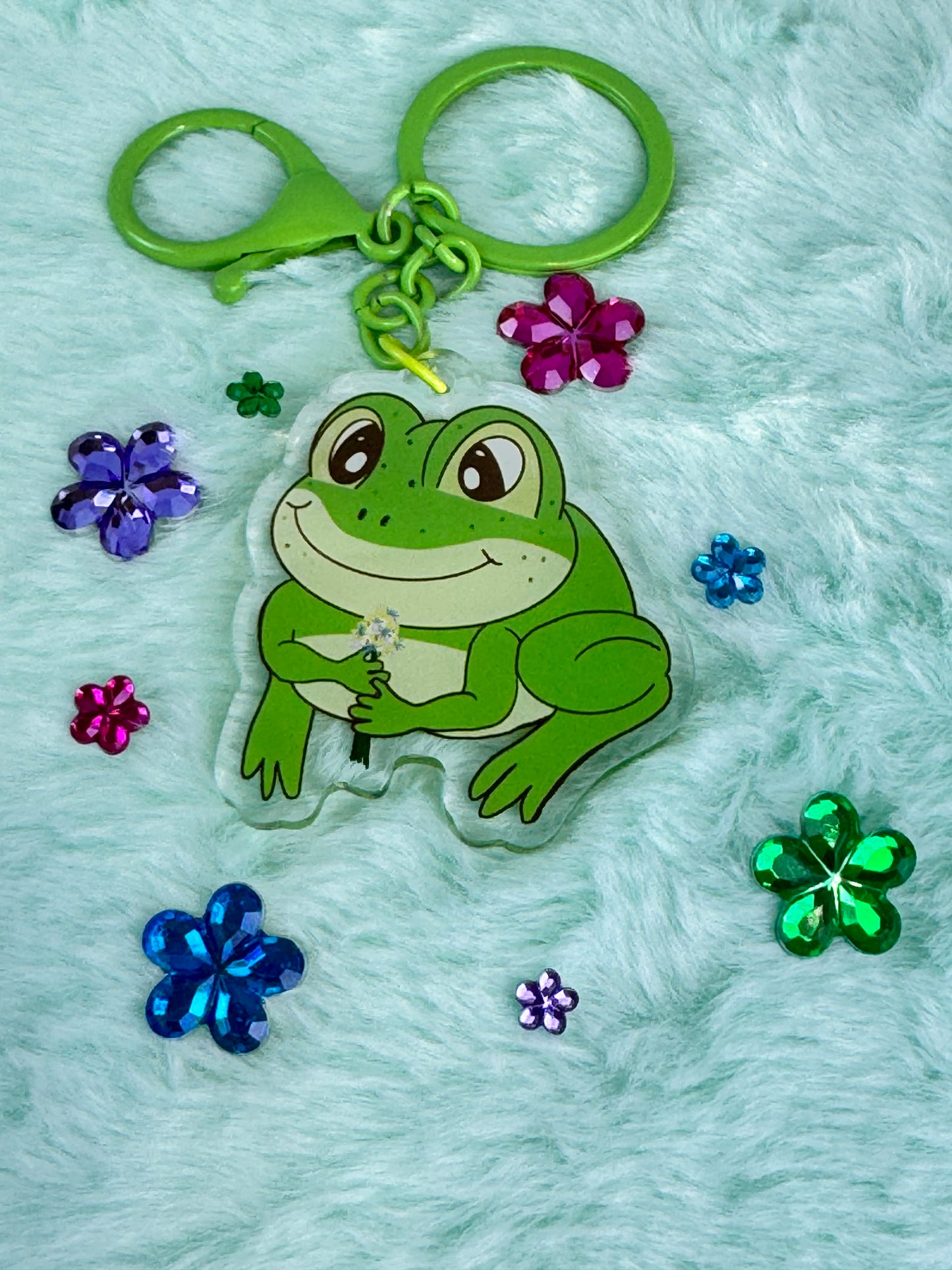 Adorable Acrylic Keychains, Bag Charms and Key Holders, Cute Frog With Flower Bouquet