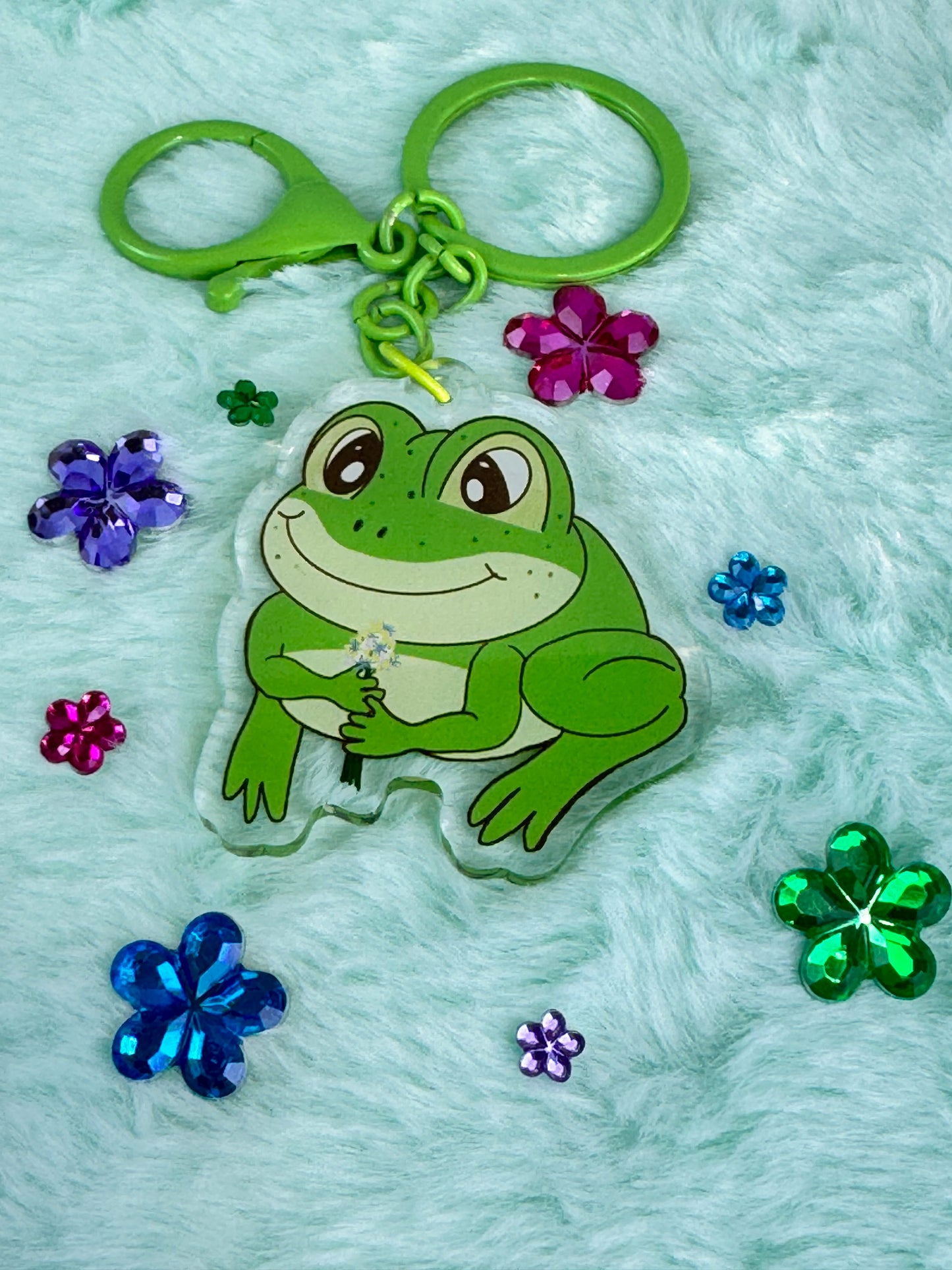 Adorable Acrylic Keychains, Bag Charms and Key Holders, Cute Frog With Flower Bouquet