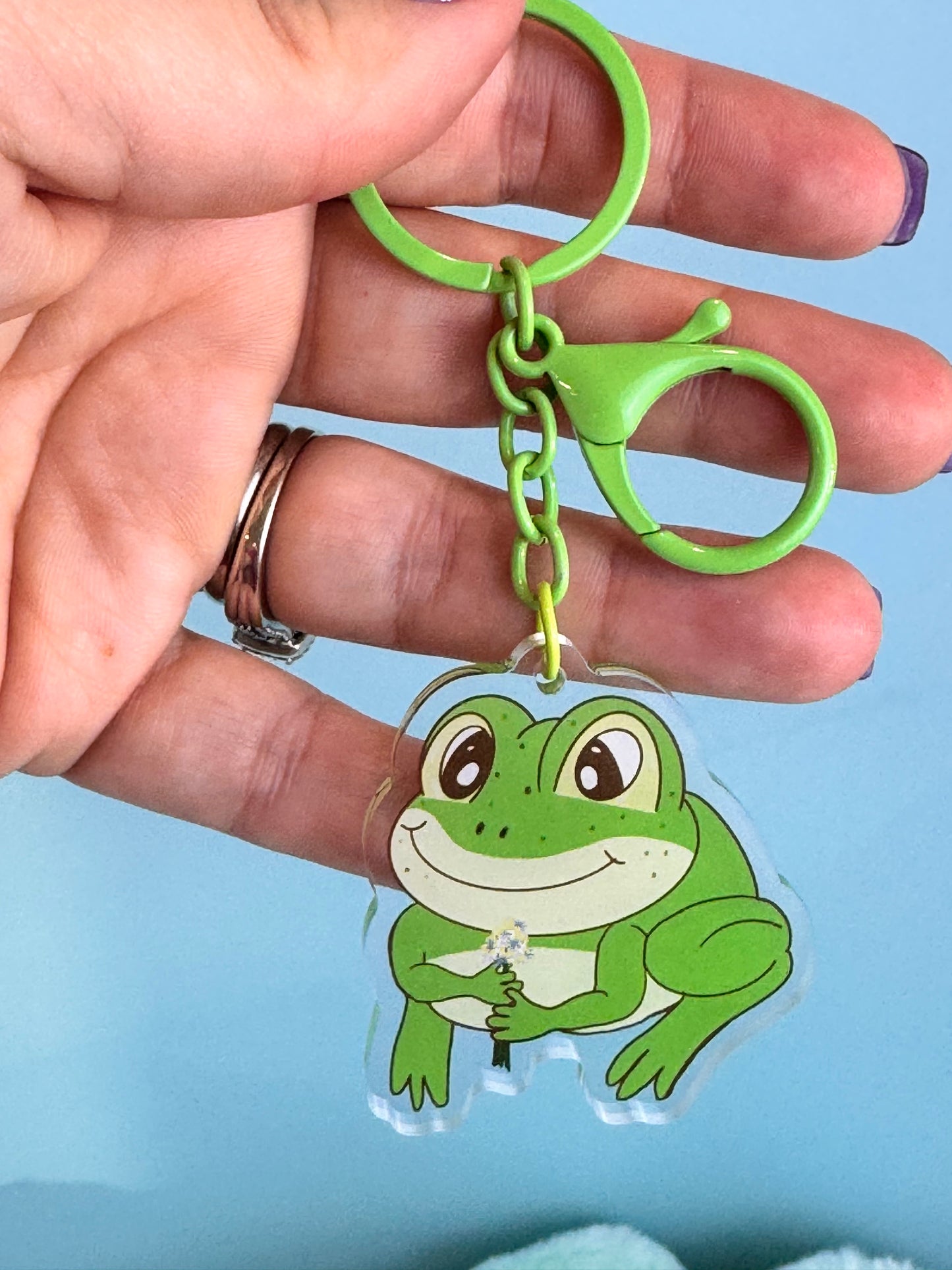 Adorable Acrylic Keychains, Bag Charms and Key Holders, Cute Frog With Flower Bouquet