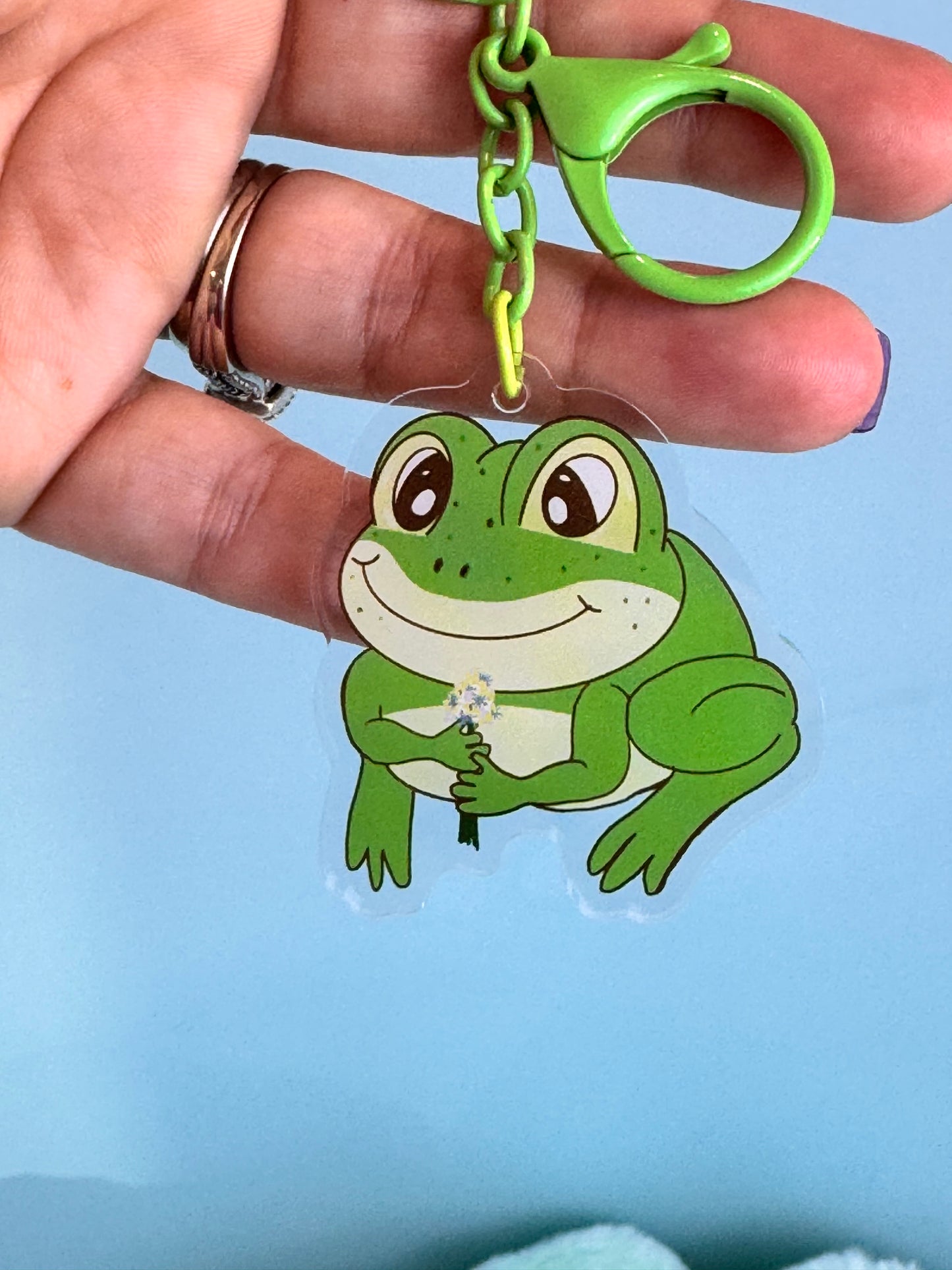 Adorable Acrylic Keychains, Bag Charms and Key Holders, Cute Frog With Flower Bouquet
