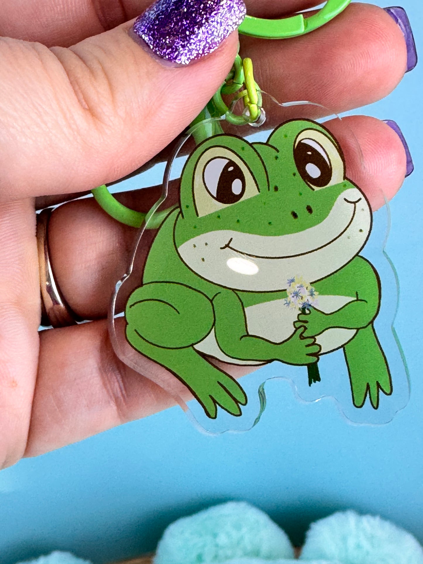 Adorable Acrylic Keychains, Bag Charms and Key Holders, Cute Frog With Flower Bouquet