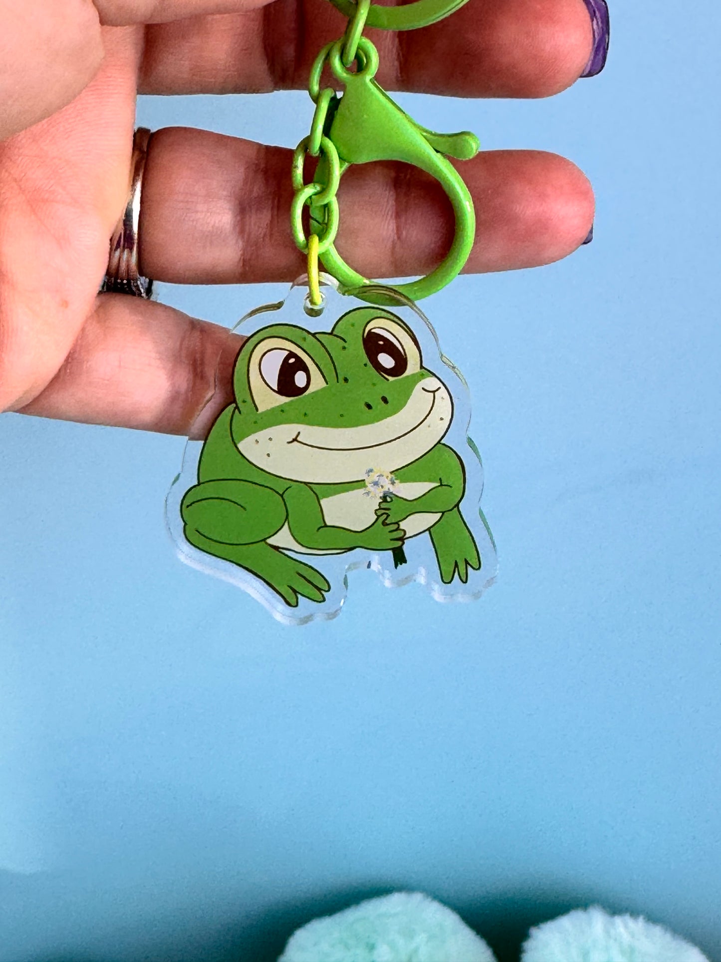 Adorable Acrylic Keychains, Bag Charms and Key Holders, Cute Frog With Flower Bouquet