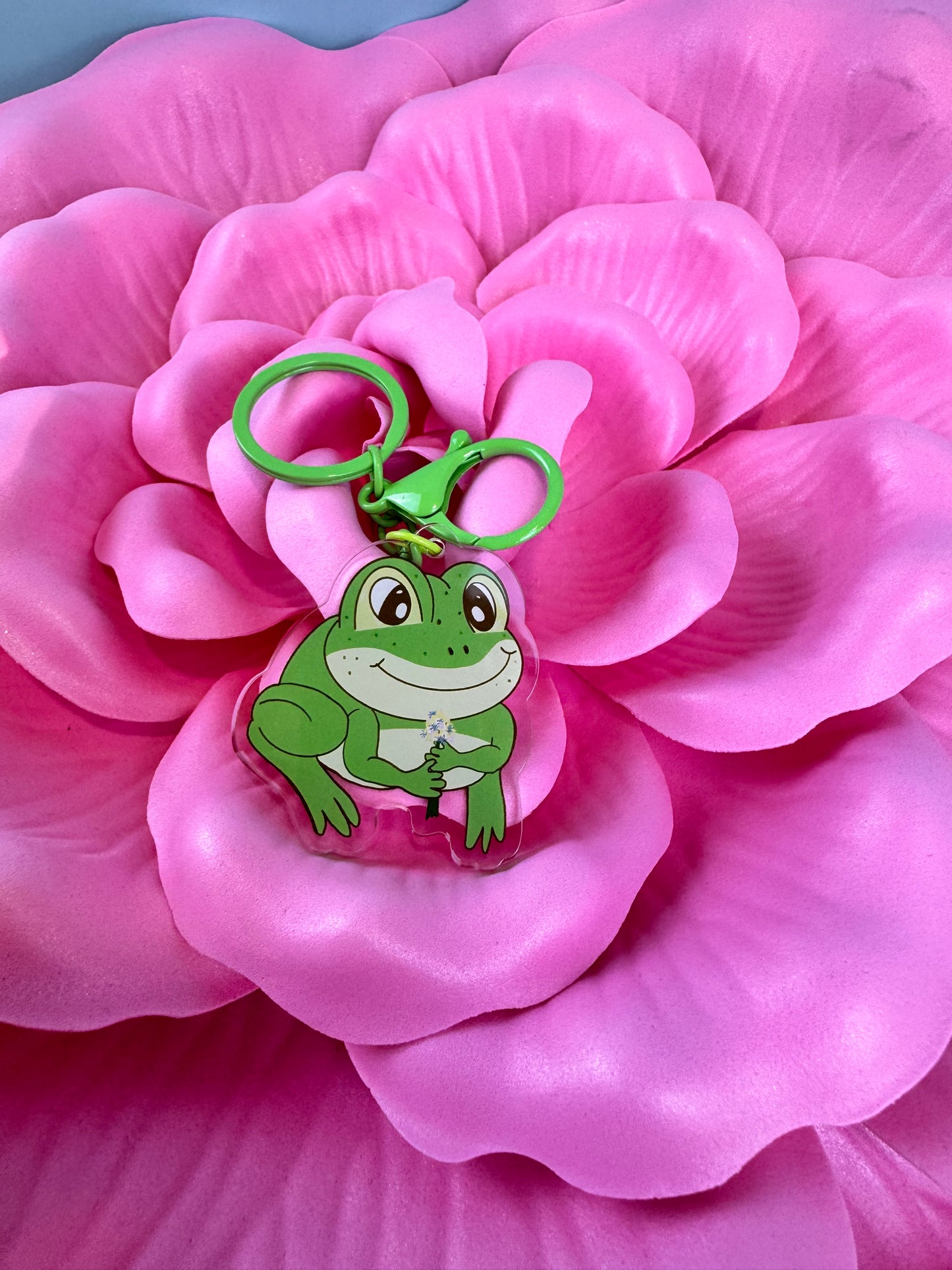 Adorable Acrylic Keychains, Bag Charms and Key Holders, Cute Frog With Flower Bouquet