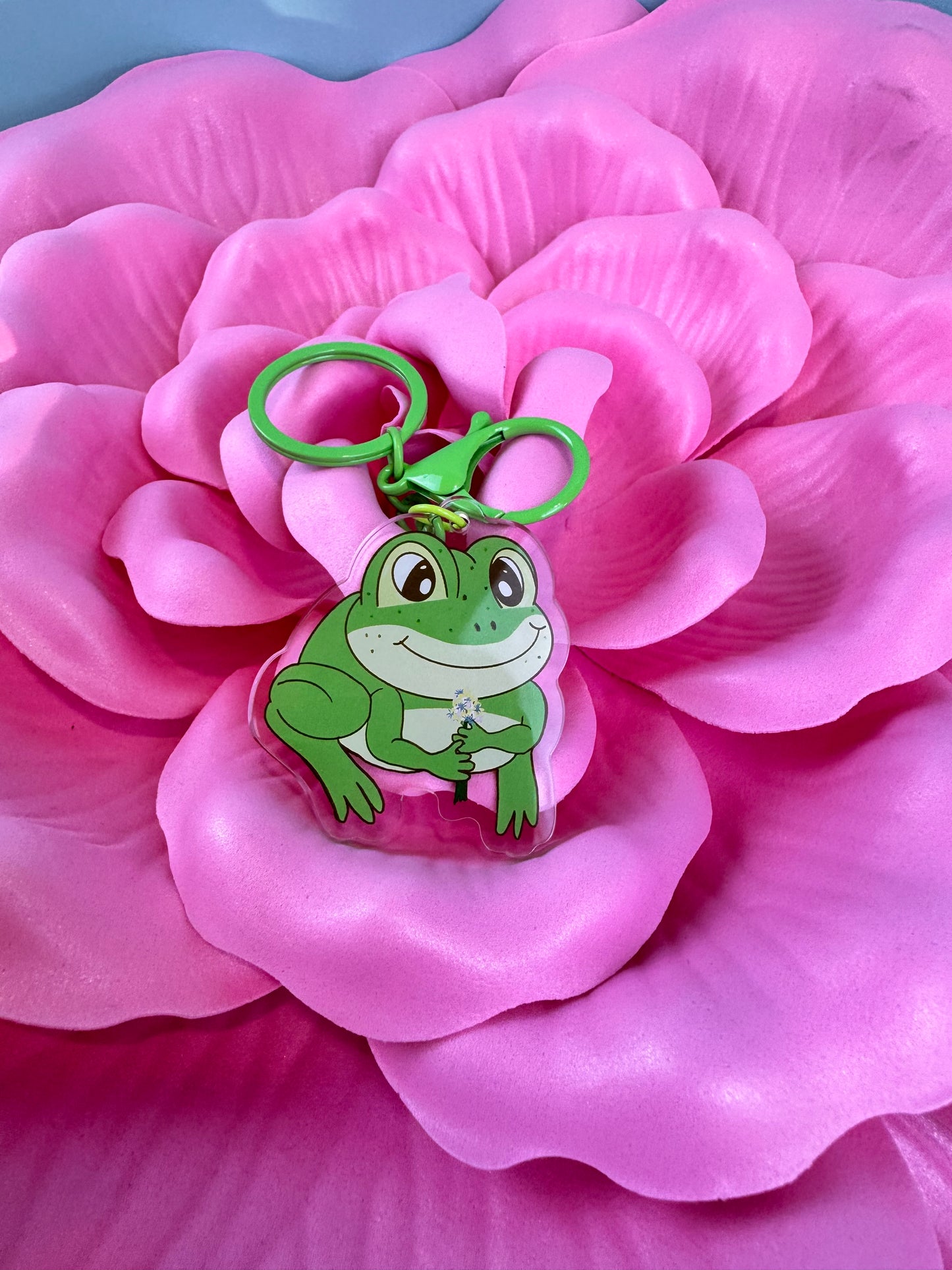 Adorable Acrylic Keychains, Bag Charms and Key Holders, Cute Frog With Flower Bouquet
