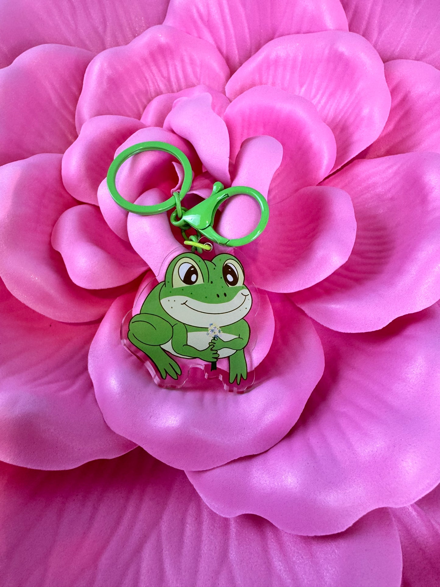 Adorable Acrylic Keychains, Bag Charms and Key Holders, Cute Frog With Flower Bouquet