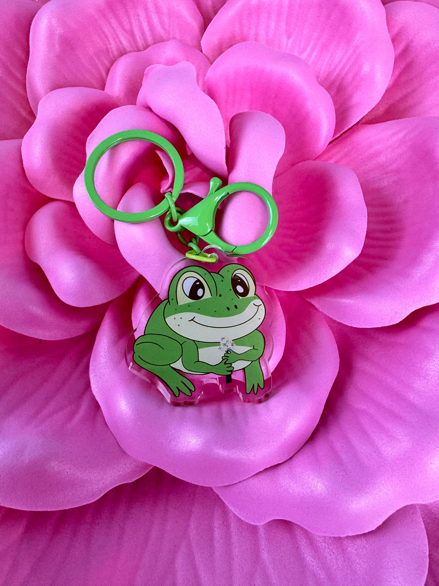 Adorable Acrylic Keychains, Bag Charms and Key Holders, Cute Frog With Flower Bouquet