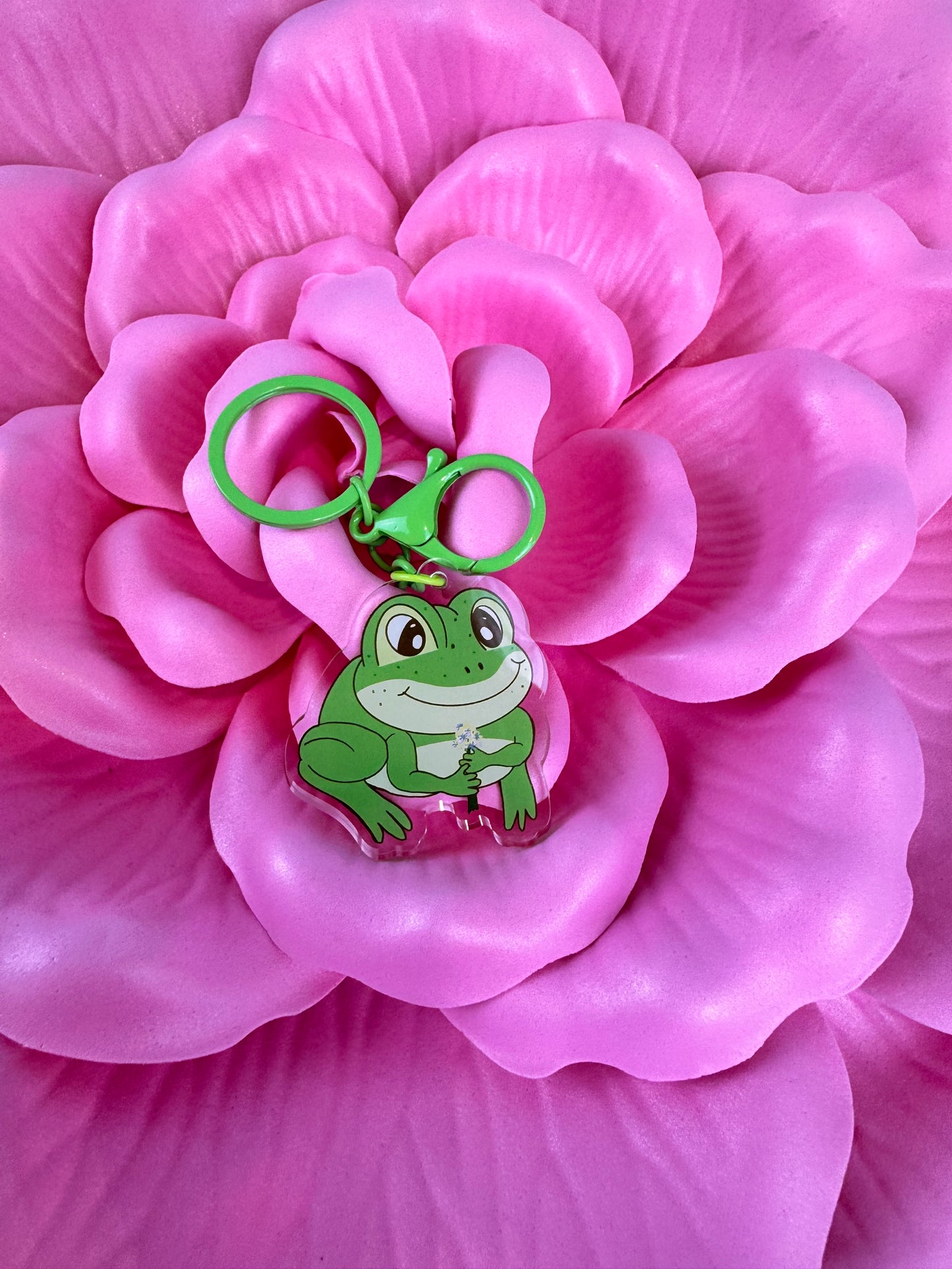 Adorable Acrylic Keychains, Bag Charms and Key Holders, Cute Frog With Flower Bouquet