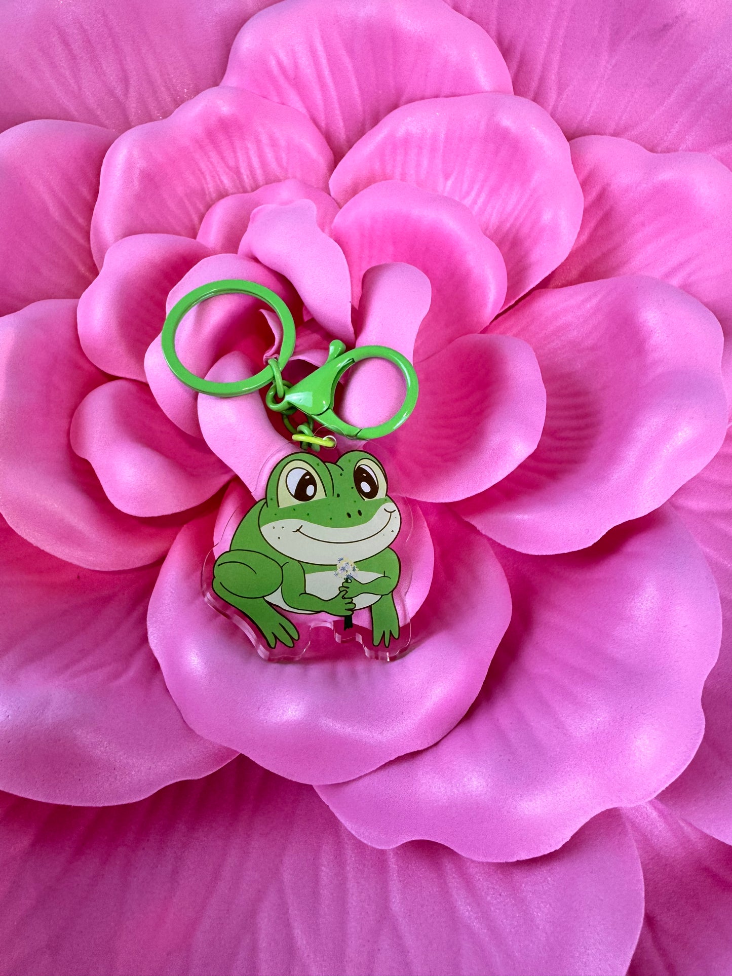 Adorable Acrylic Keychains, Bag Charms and Key Holders, Cute Frog With Flower Bouquet