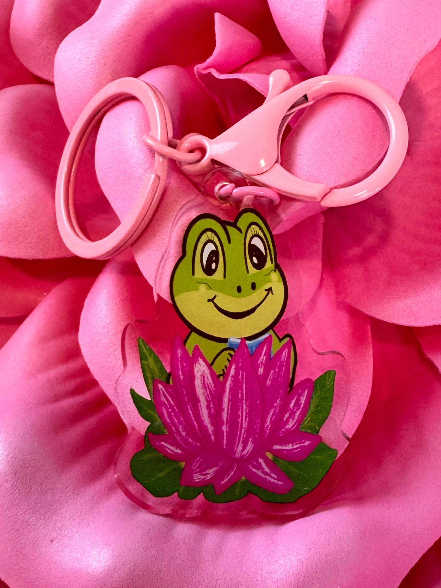Adorable Acrylic Keychains, Bag Charms and Key Holders, Cute Frog Reading In Lotus Flower