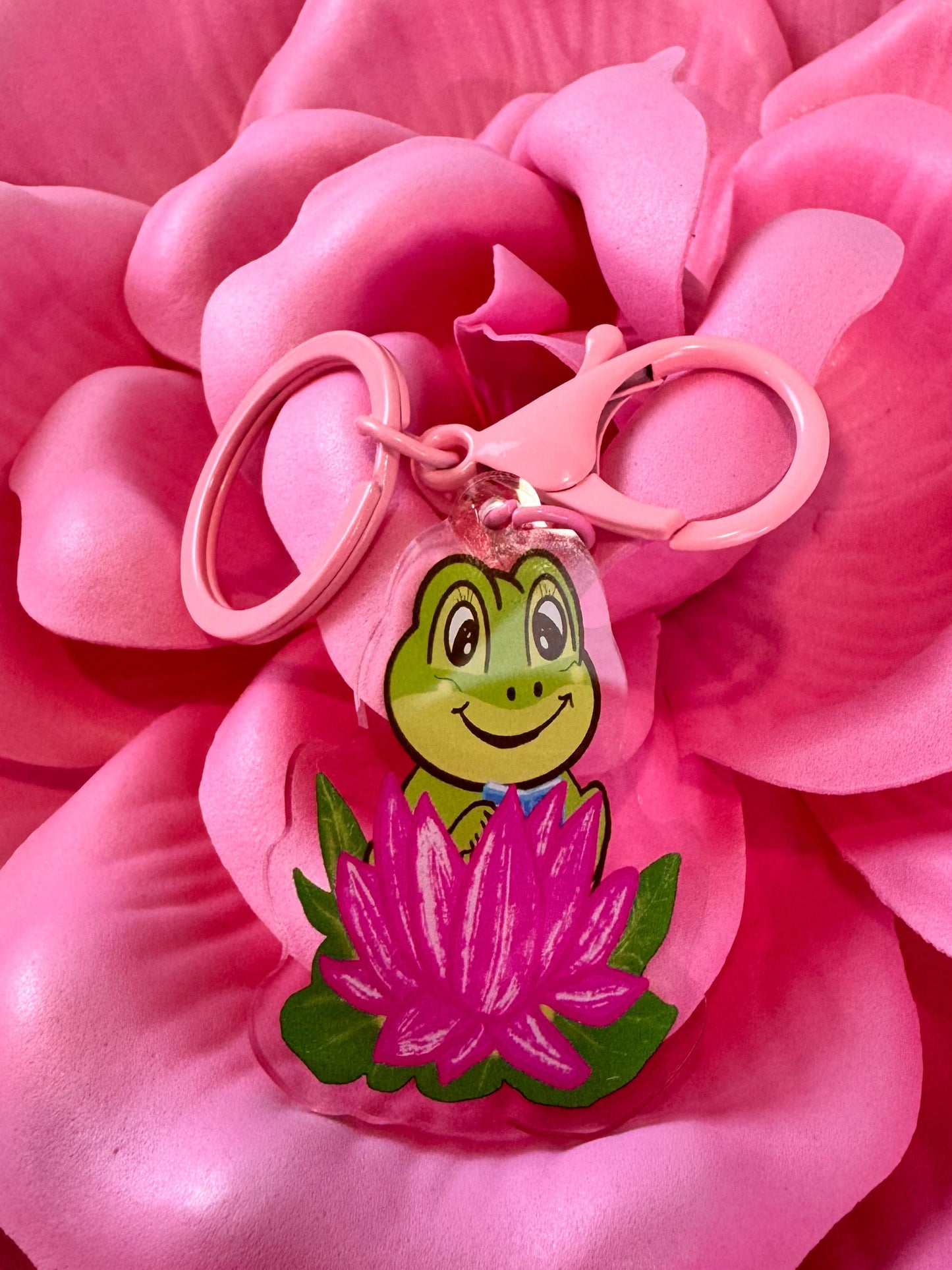 Adorable Acrylic Keychains, Bag Charms and Key Holders, Cute Frog Reading In Lotus Flower