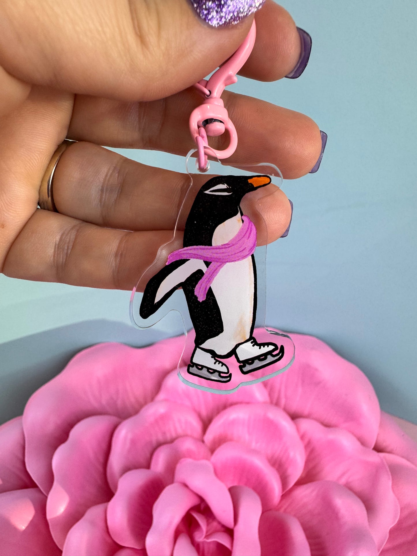 Adorable Acrylic Keychains, Bag Charms and Key Holders, Pretty Penguin On Ice Skates Living Her Best Life